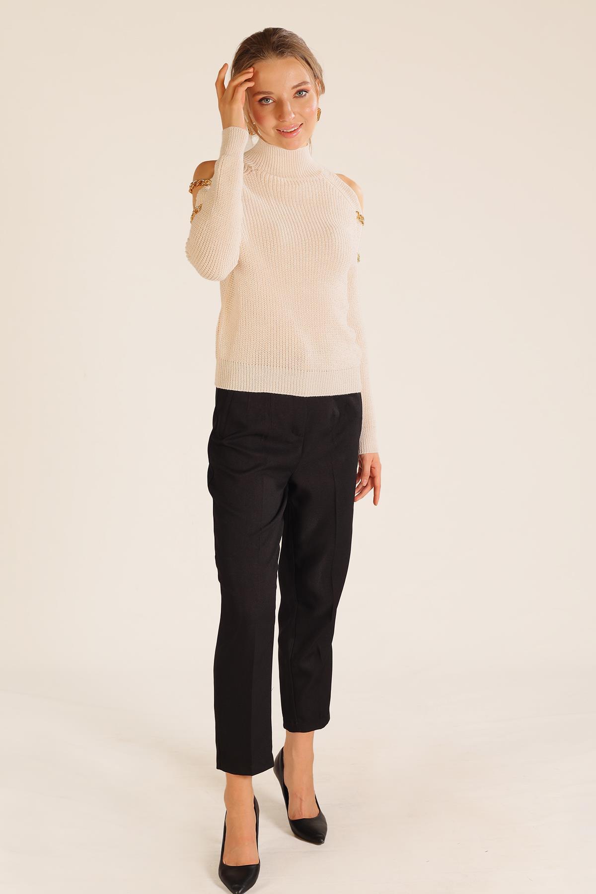 057 Omuz Dekolte Zincirli Kazak Ekru - 6