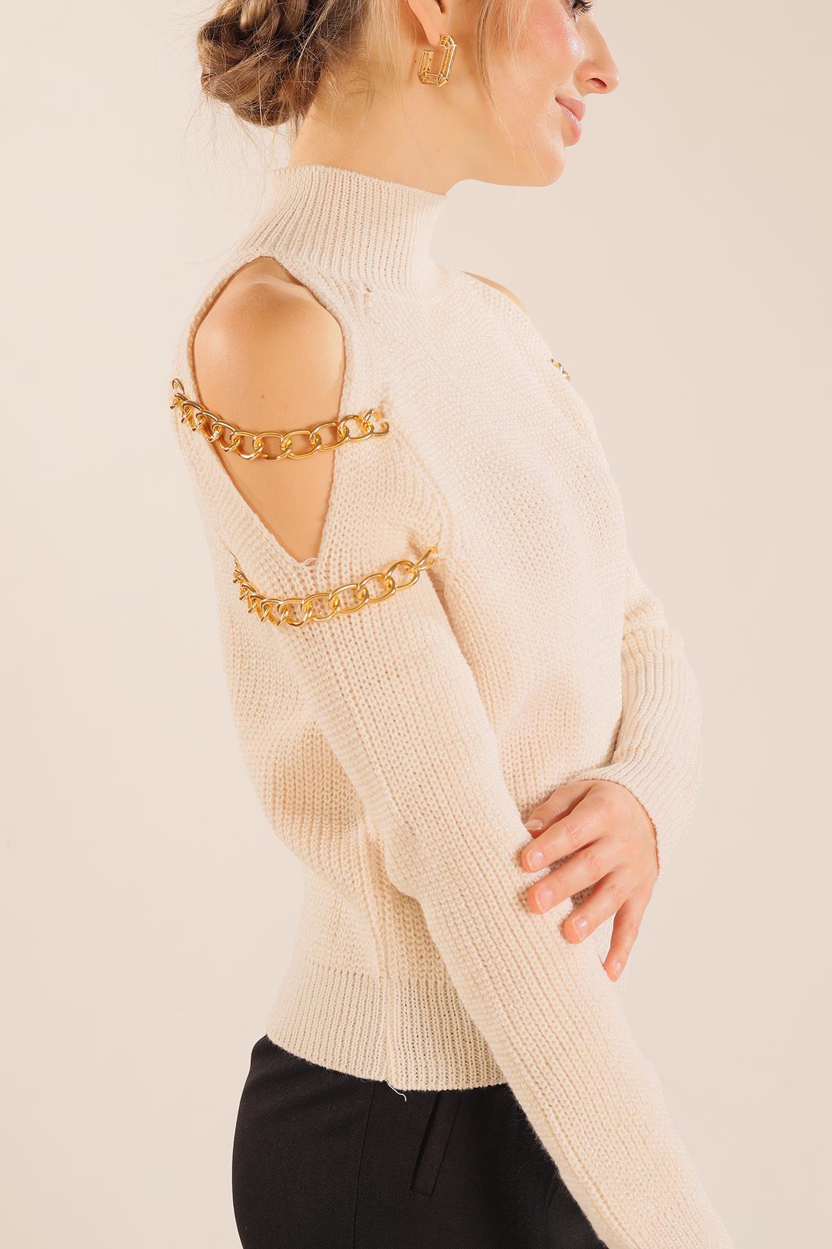 057 Omuz Dekolte Zincirli Kazak Ekru - 4