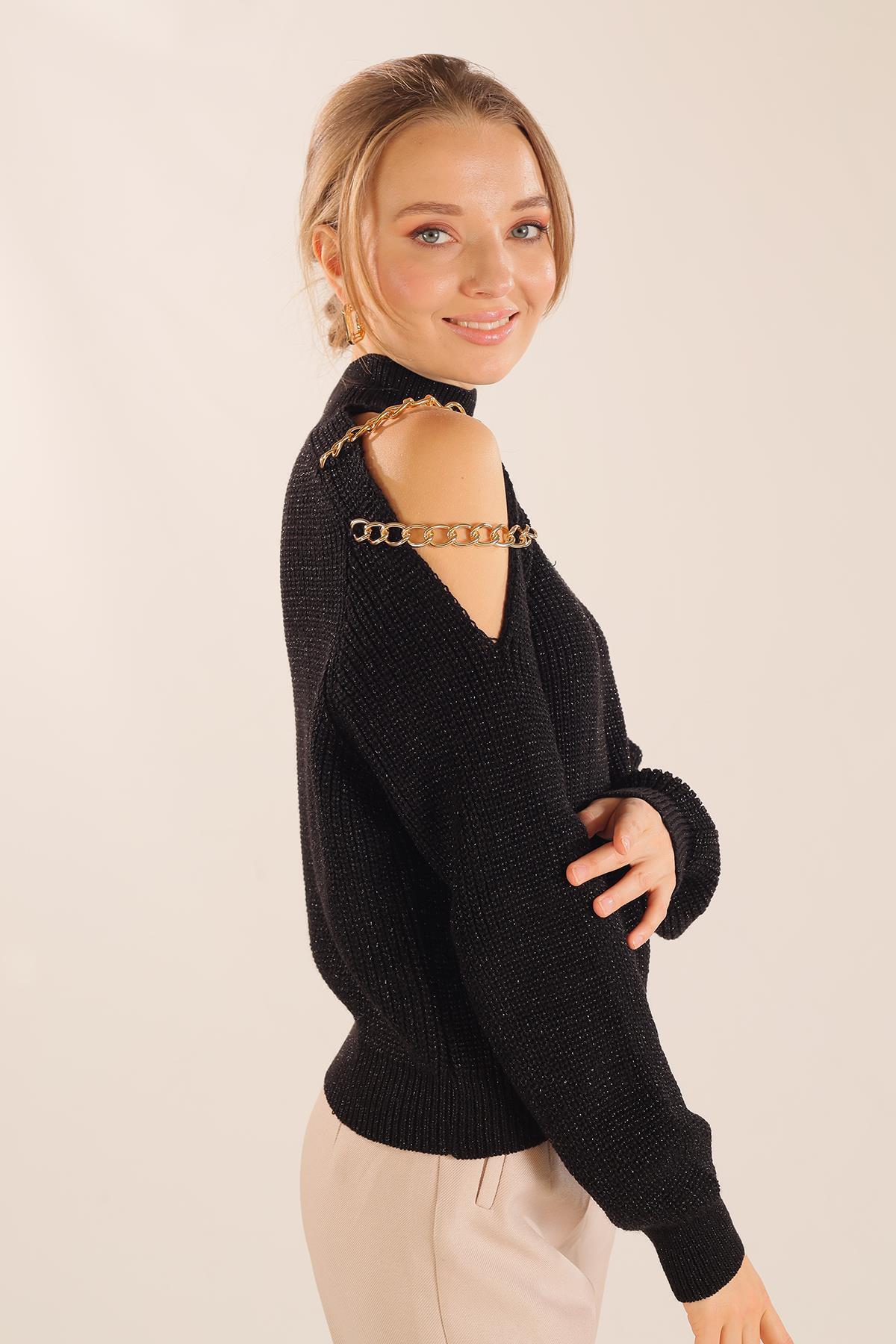 057 Omuz Dekolte Zincirli Kazak Siyah - 4