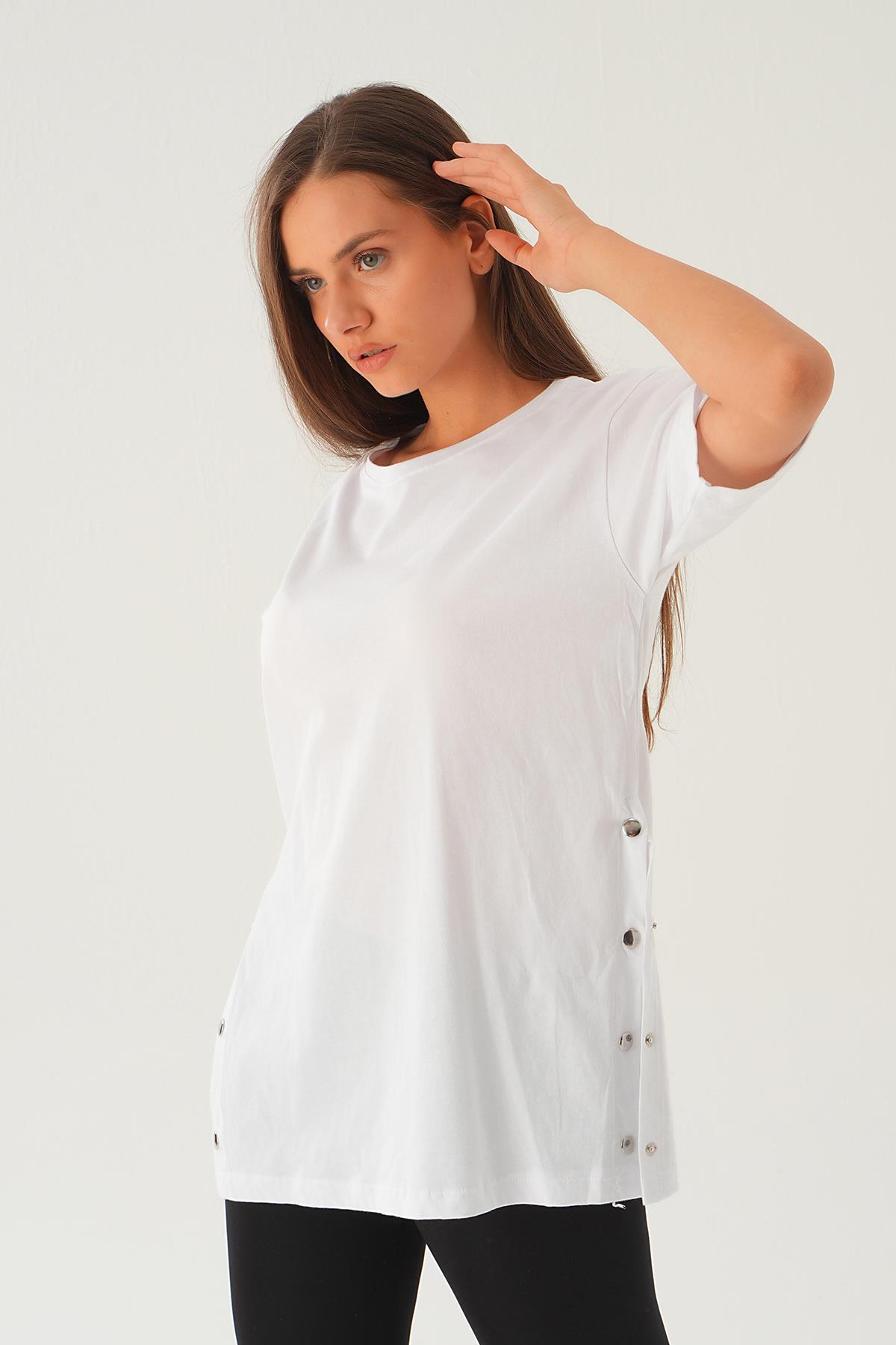 066 Yanları Çıtçıtlı Süprem Tişört Beyaz - 3