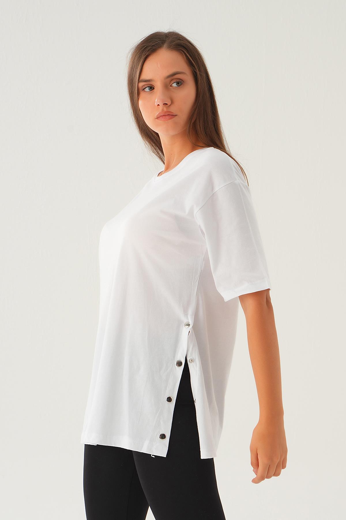 066 Yanları Çıtçıtlı Süprem Tişört Beyaz - 6