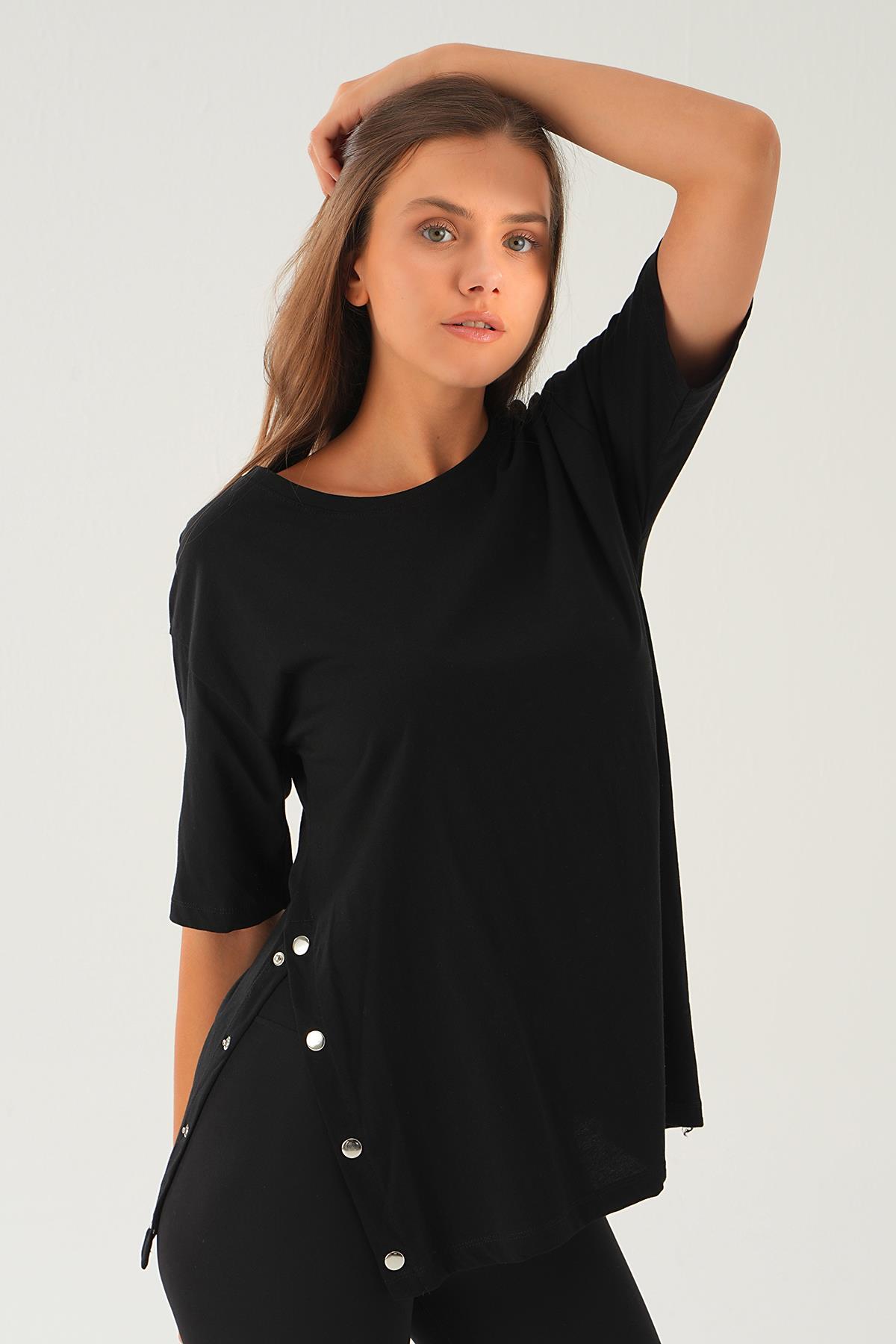 066 Yanları Çıtçıtlı Süprem Tişört Siyah - 2