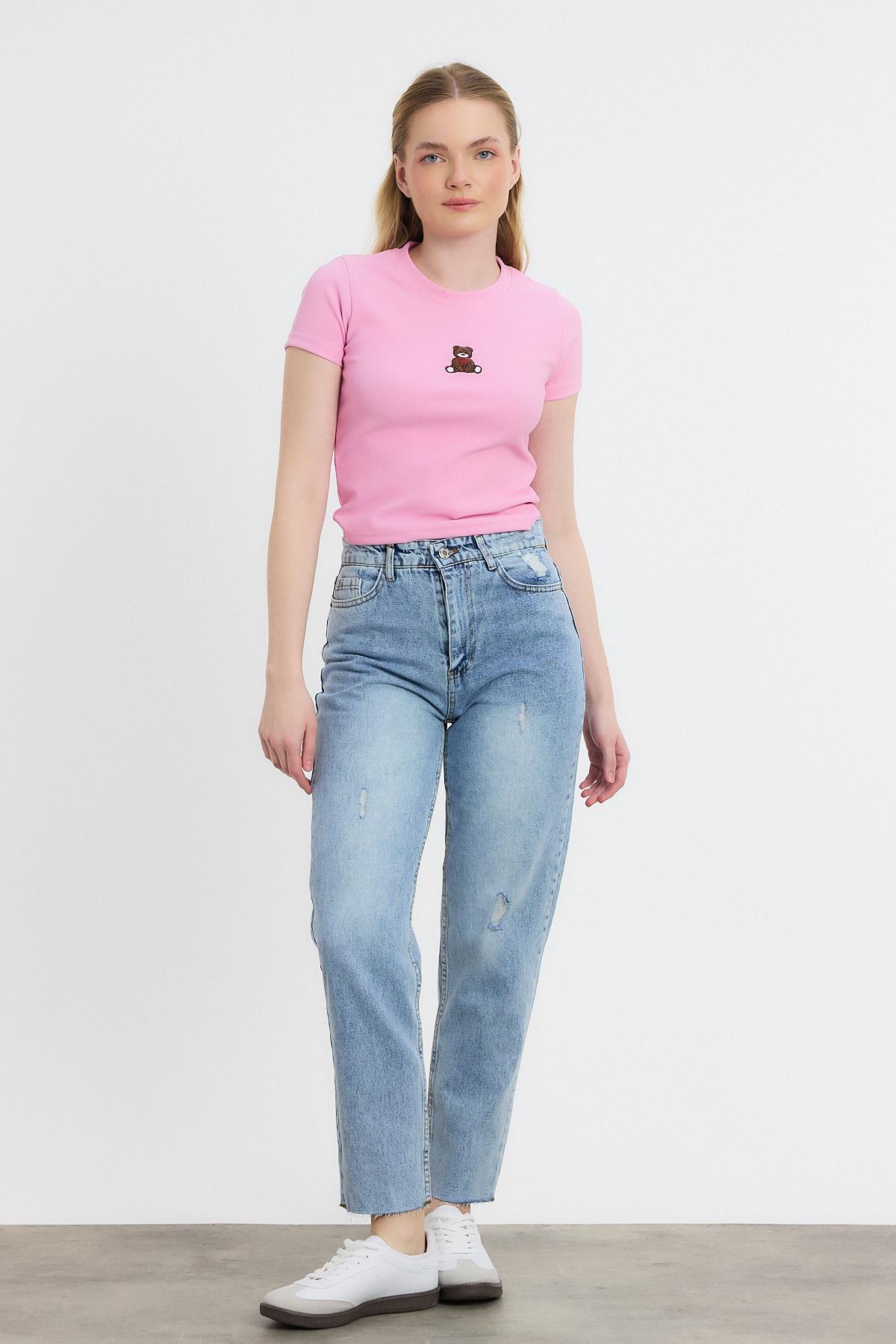 0703 Yırtık Detay Mom Jean Koyu Mavi - 1