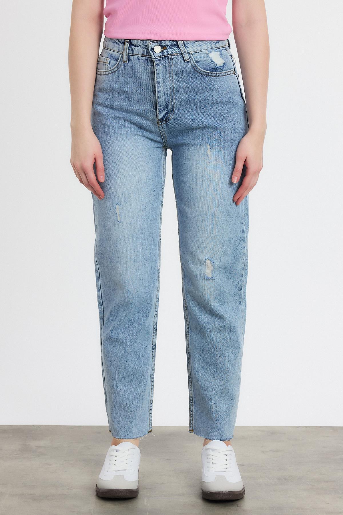 0703 Yırtık Detay Mom Jean Koyu Mavi - 2