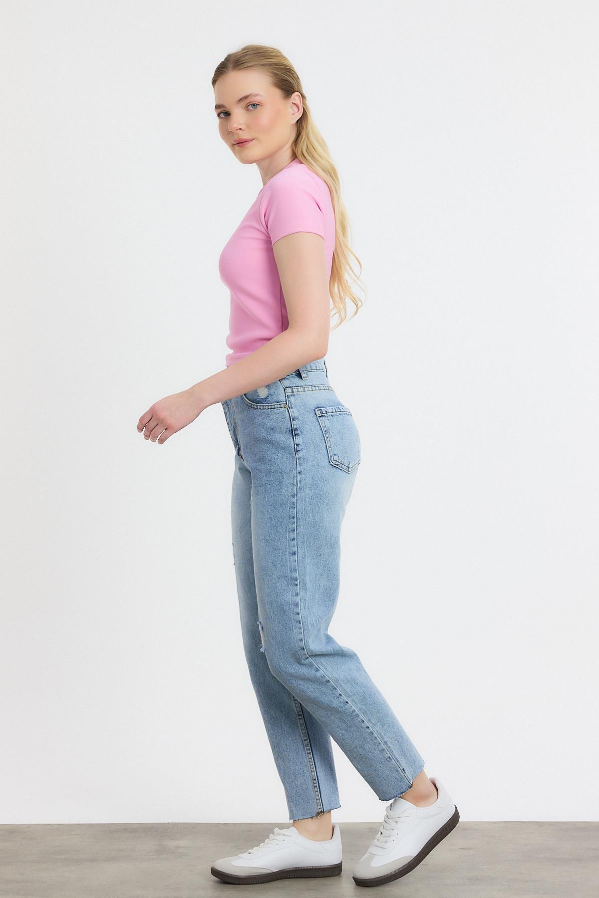 Koyu Mavi Yırtık Detay Mom Jean 0703 - 8