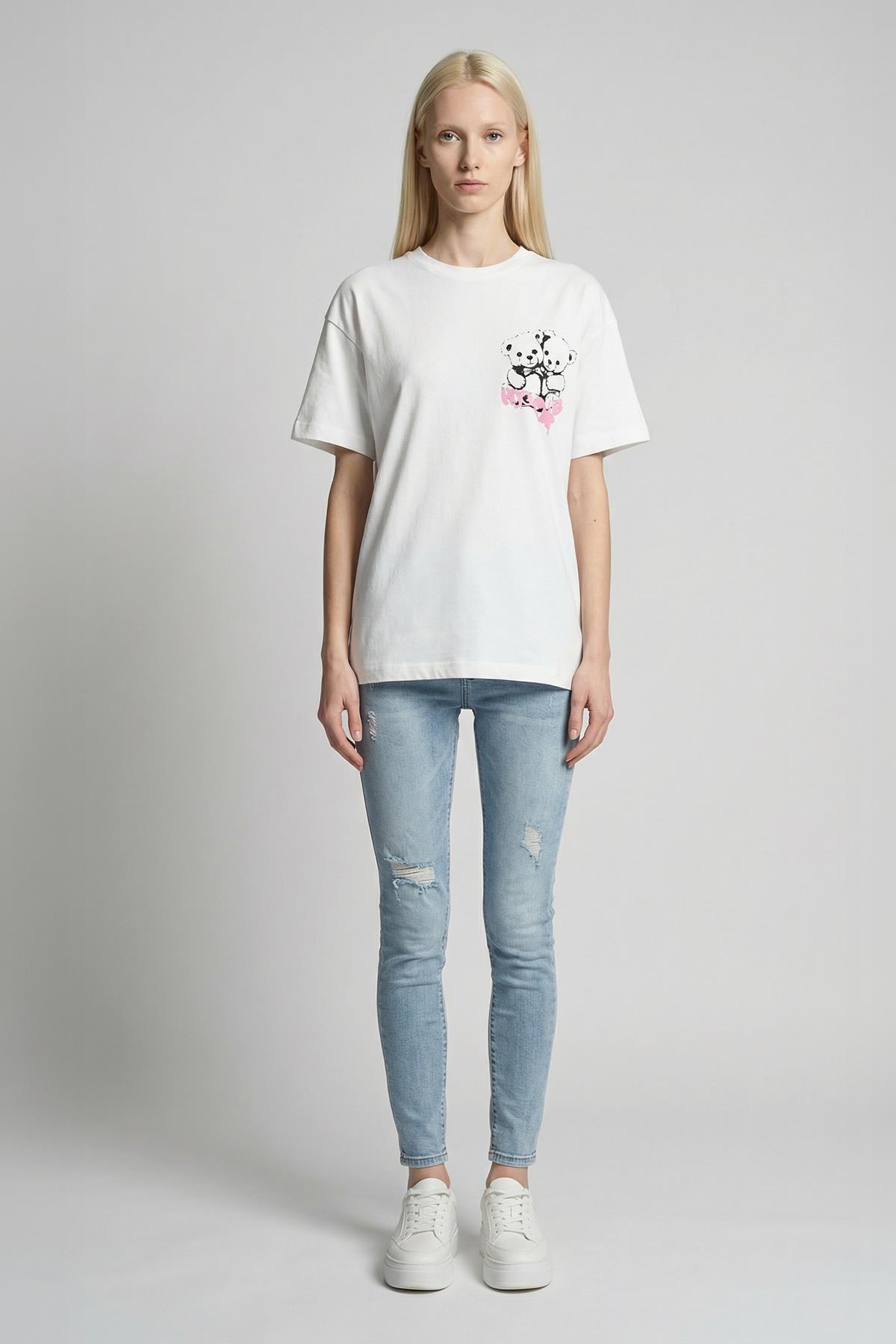 073 Ayı Baskılı Tişört Beyaz - 1