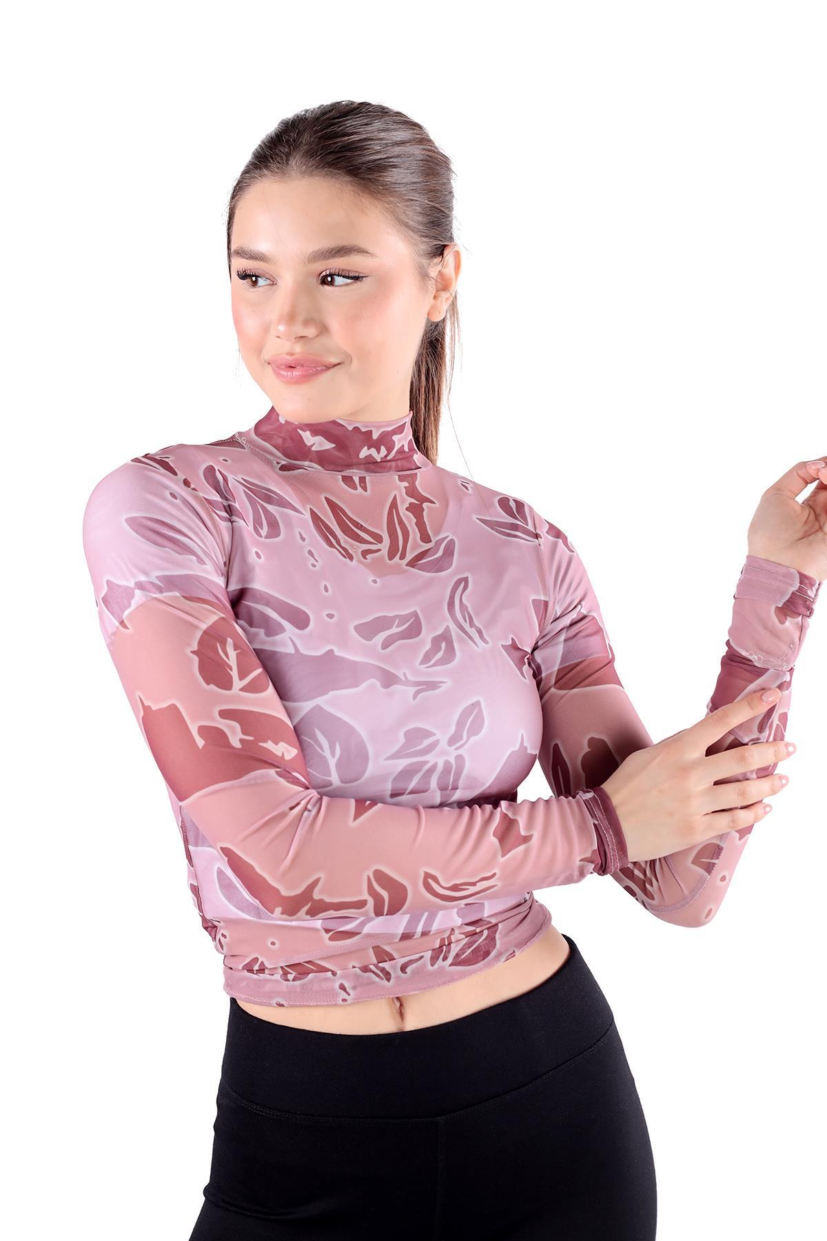 074 Dijital Baskı Tül Transparan Bluz Pembe - 1