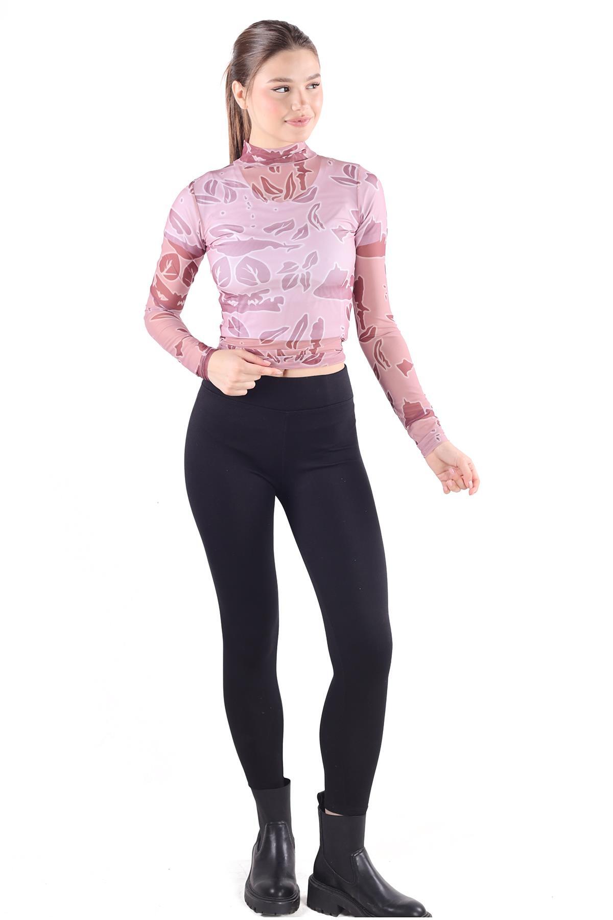 074 Dijital Baskı Tül Transparan Bluz Pembe - 3