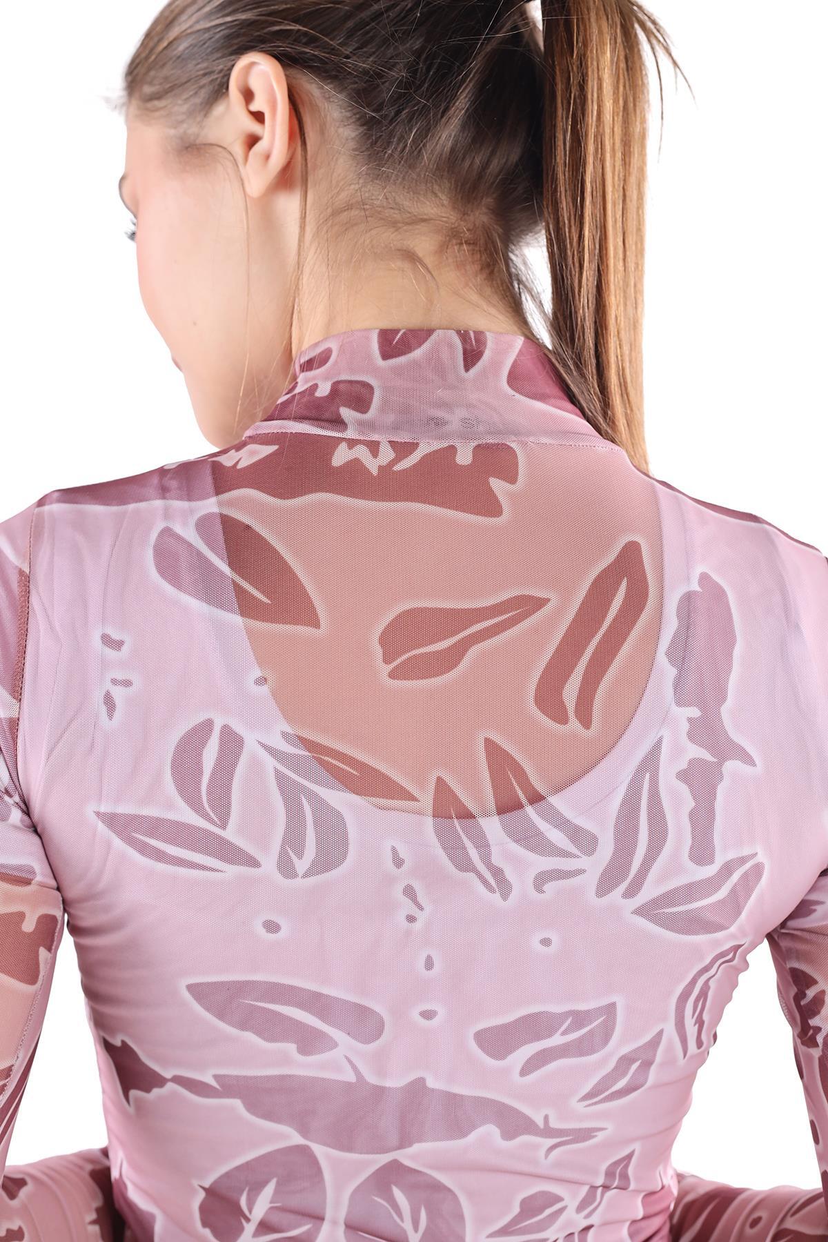 074 Dijital Baskı Tül Transparan Bluz Pembe - 5