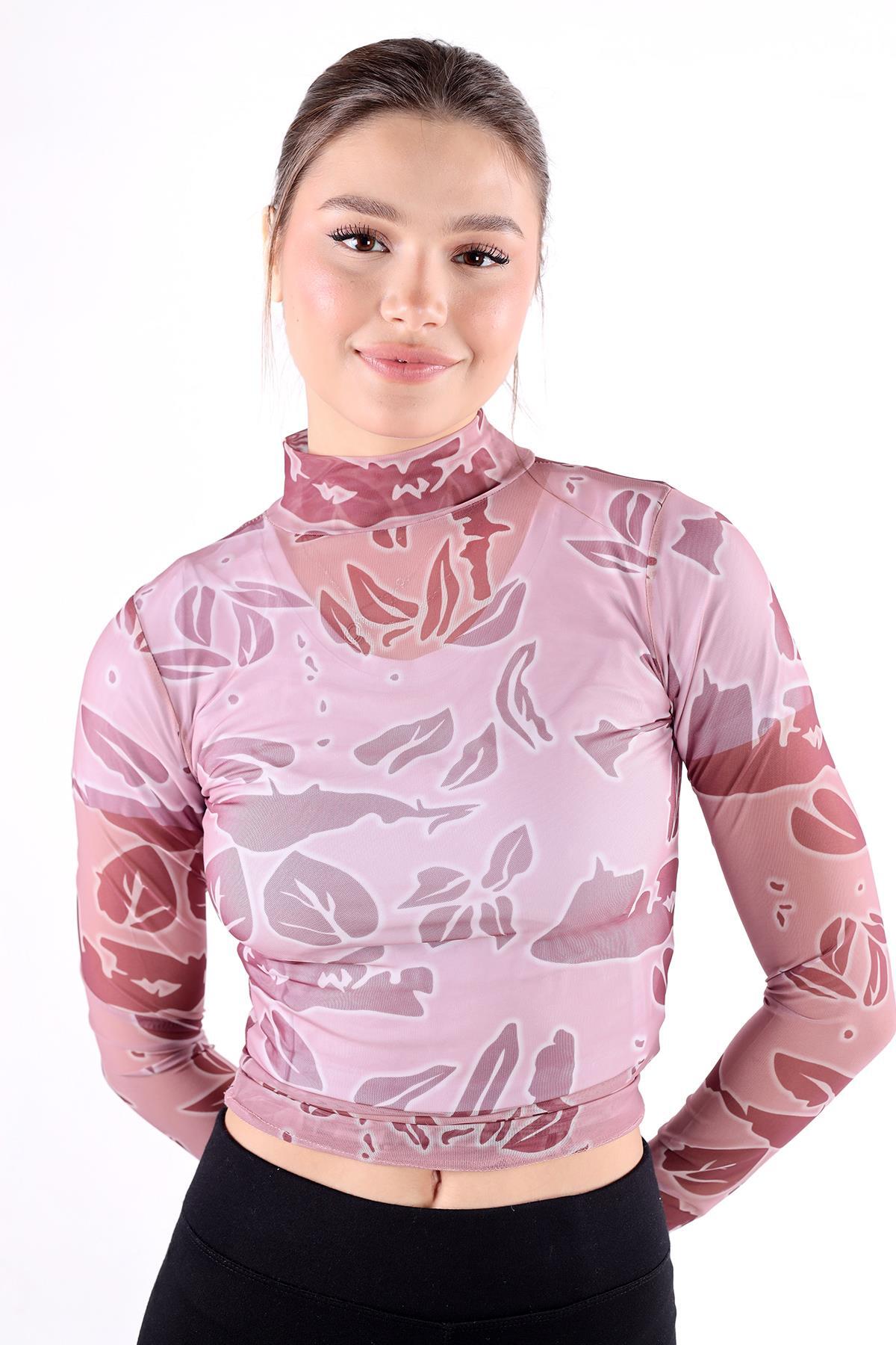 074 Dijital Baskı Tül Transparan Bluz Pembe - 7