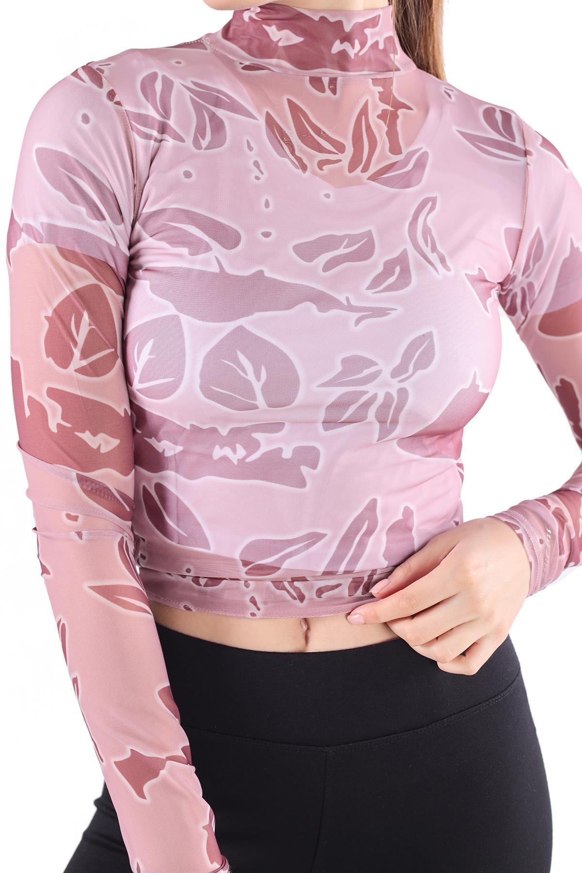 074 Dijital Baskı Tül Transparan Bluz Pembe - 6