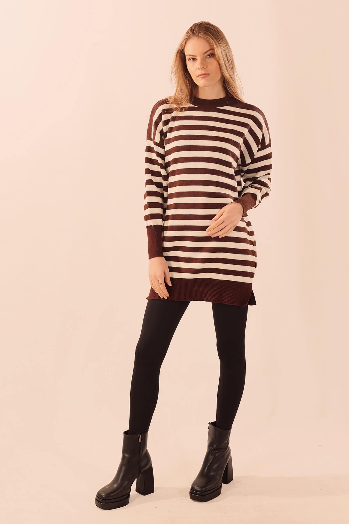 Acı Kahve Bisiklet Yaka Yırtmaç Detay Kazak 075 - 2