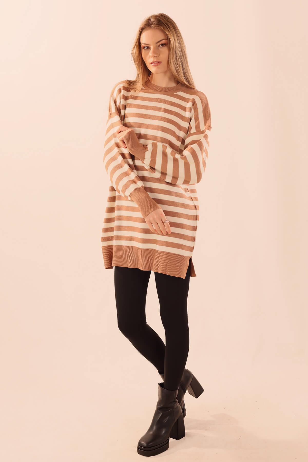 Bisküvi Bisiklet Yaka Yırtmaç Detay Kazak 075 - 2