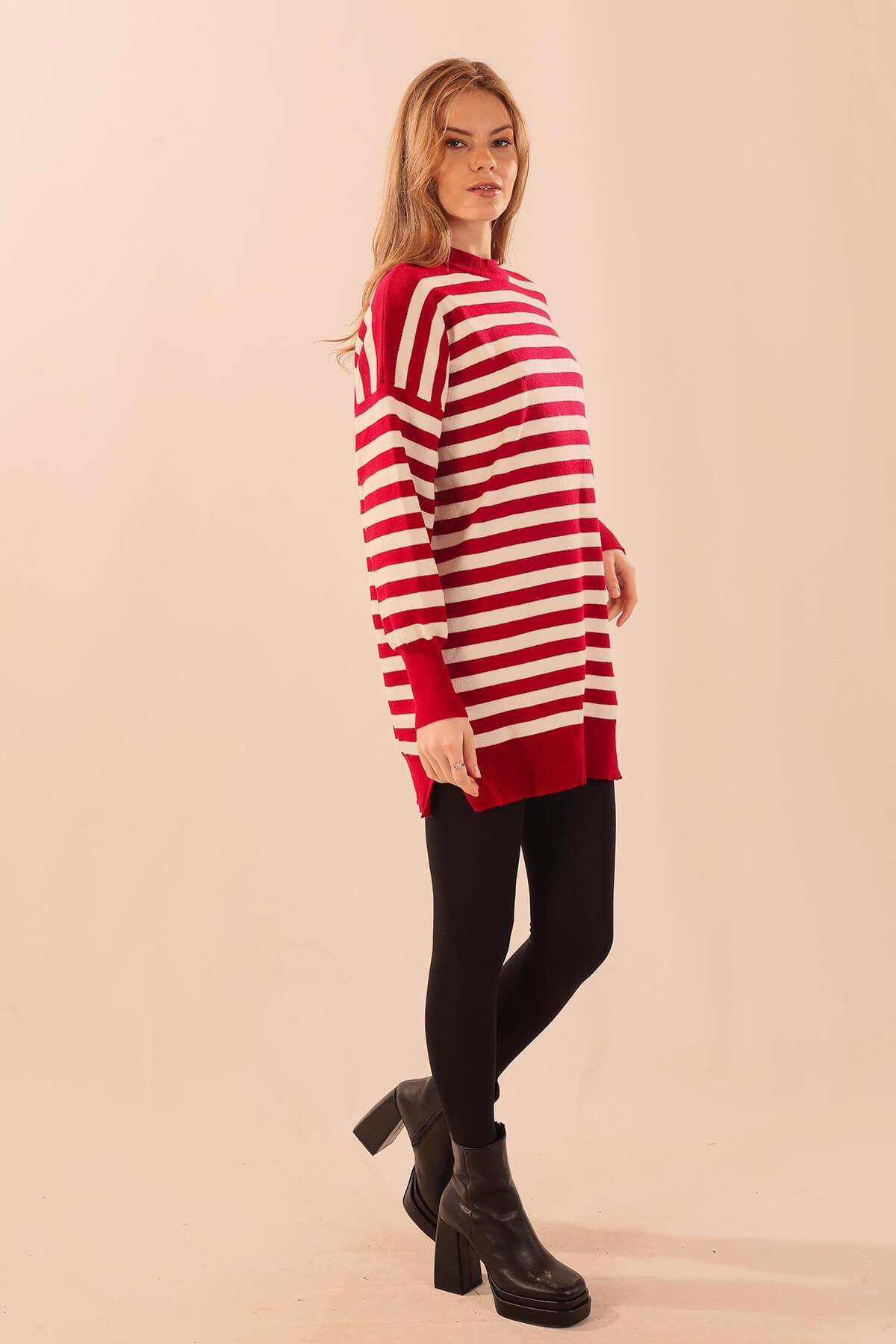 075 Bisiklet Yaka Yırtmaç Detay Tunik Kırmızı - 3