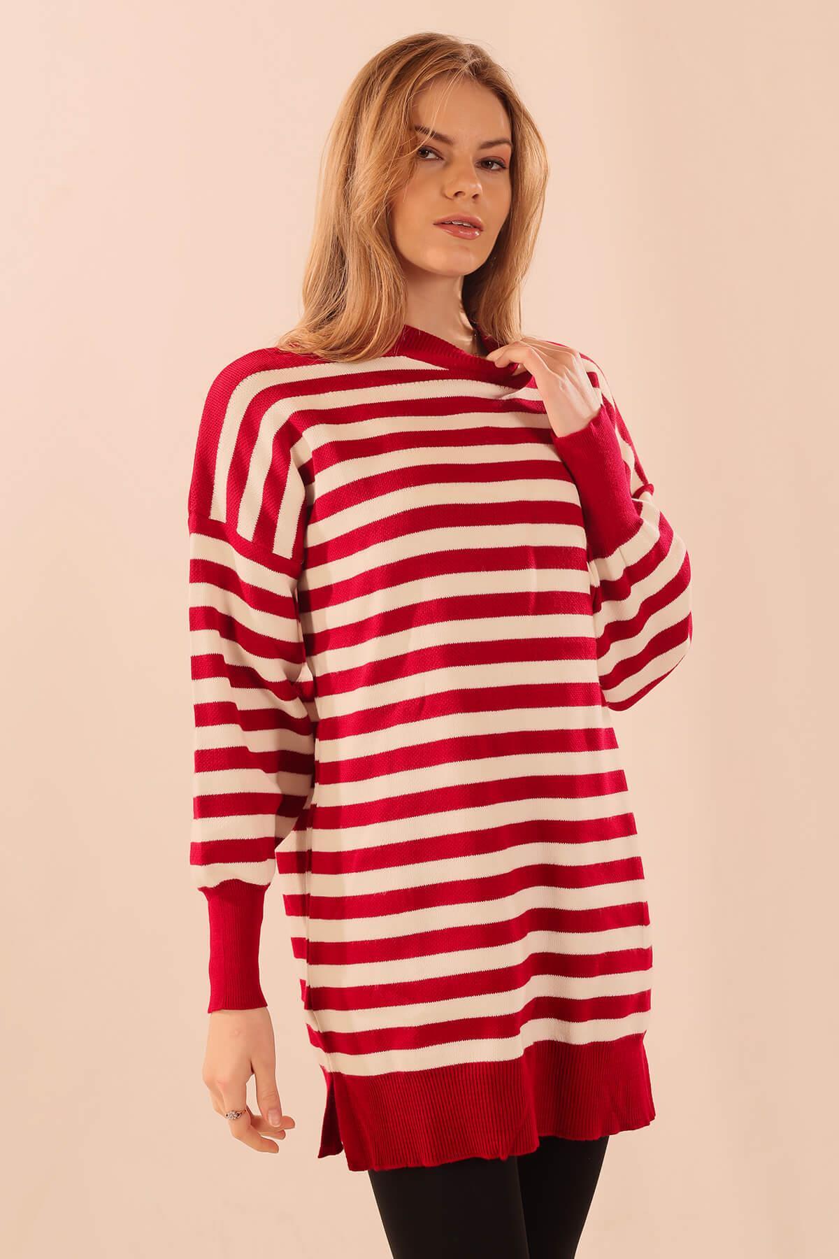 075 Bisiklet Yaka Yırtmaç Detay Tunik Kırmızı - 6