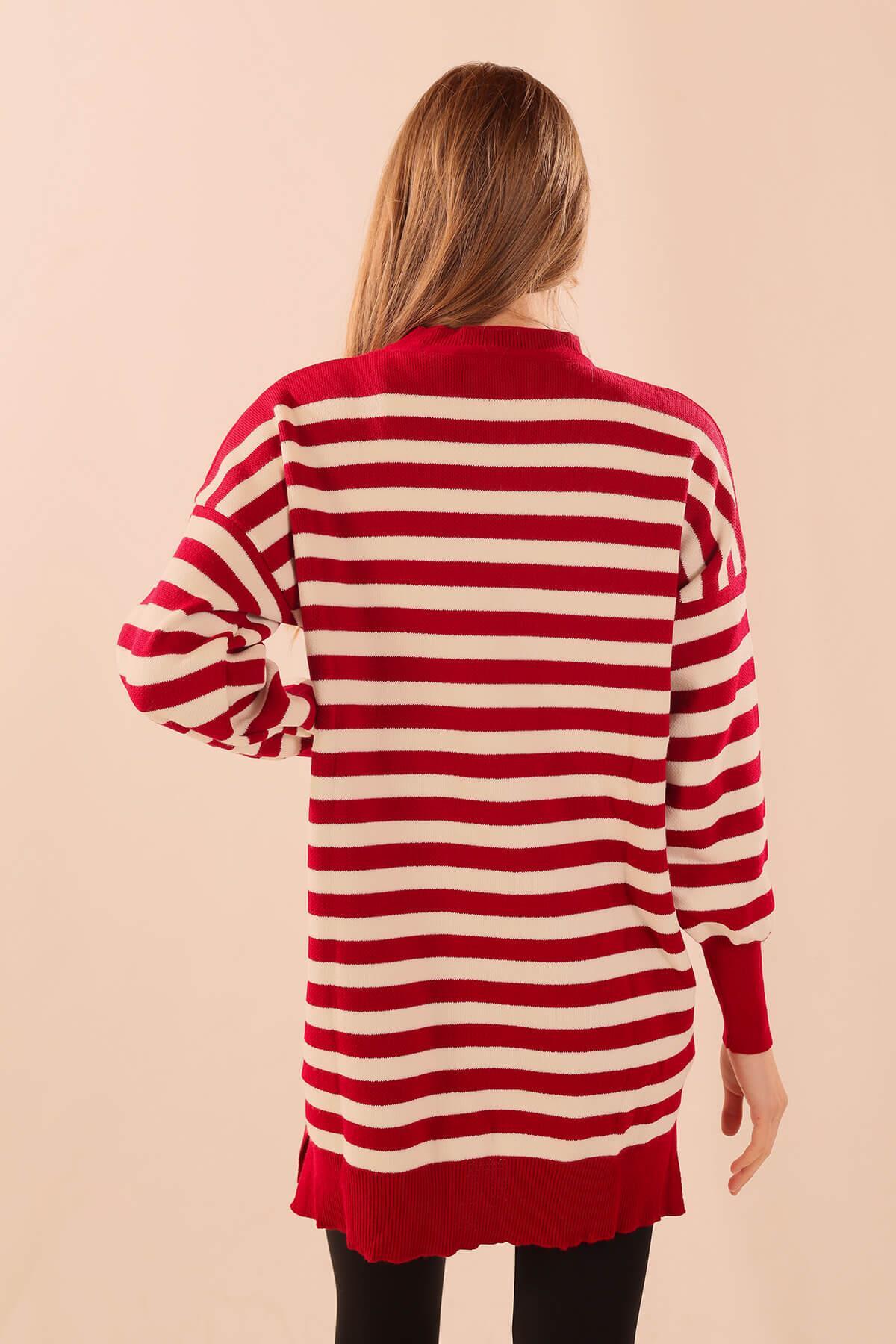 075 Bisiklet Yaka Yırtmaç Detay Tunik Kırmızı - 8