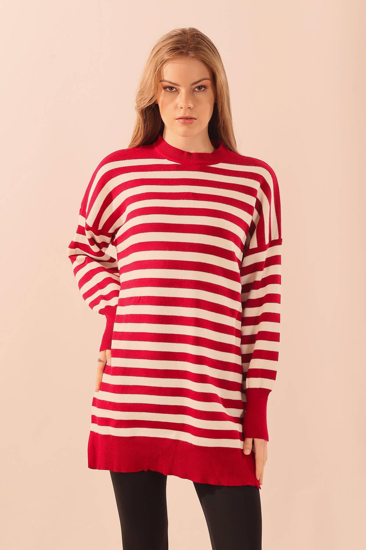 075 Bisiklet Yaka Yırtmaç Detay Tunik Kırmızı - 1