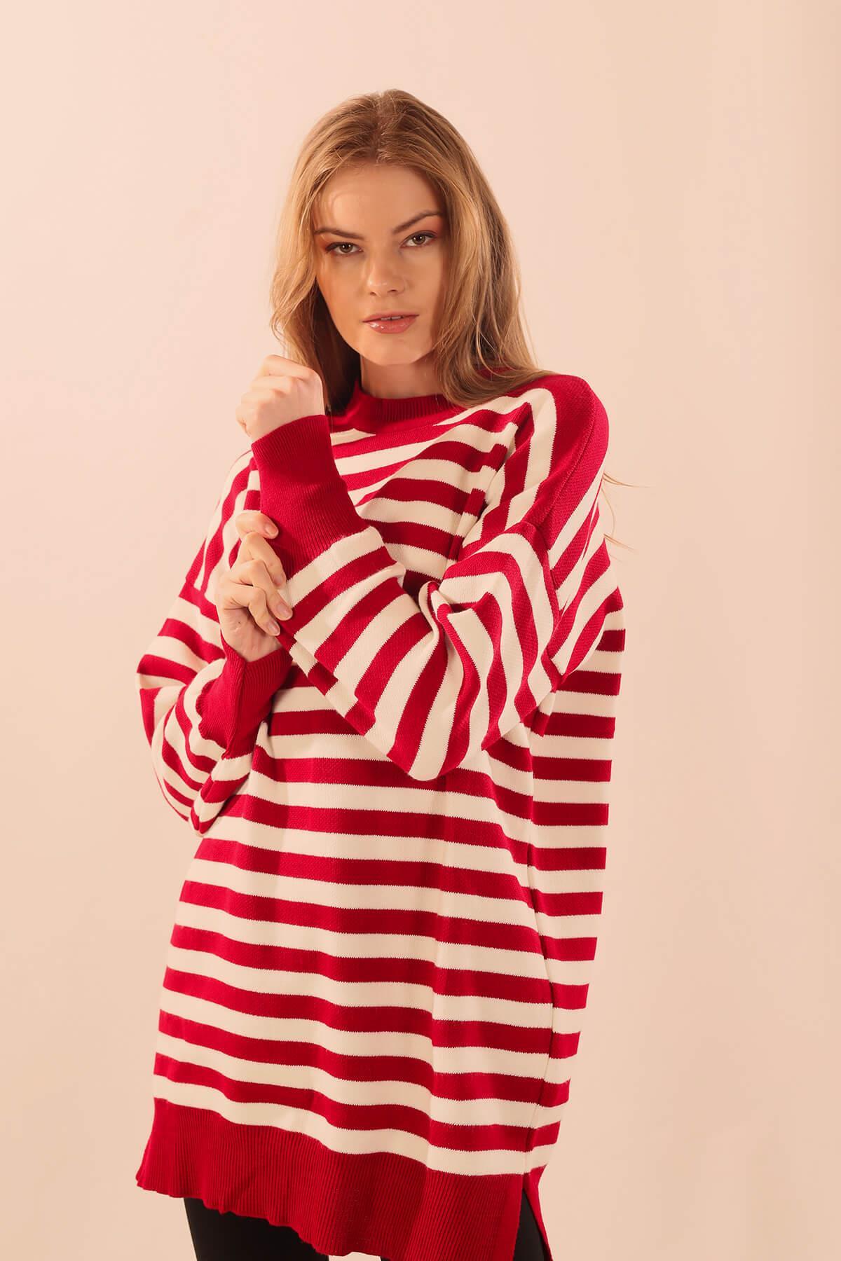 075 Bisiklet Yaka Yırtmaç Detay Tunik Kırmızı - 4