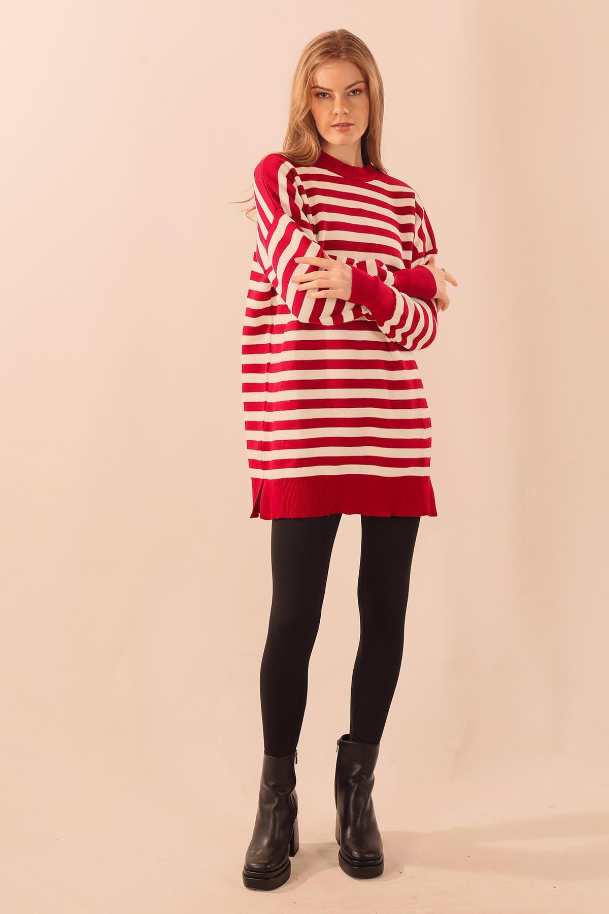 Kırmızı Bisiklet Yaka Yırtmaç Detay Kazak 075 - 2