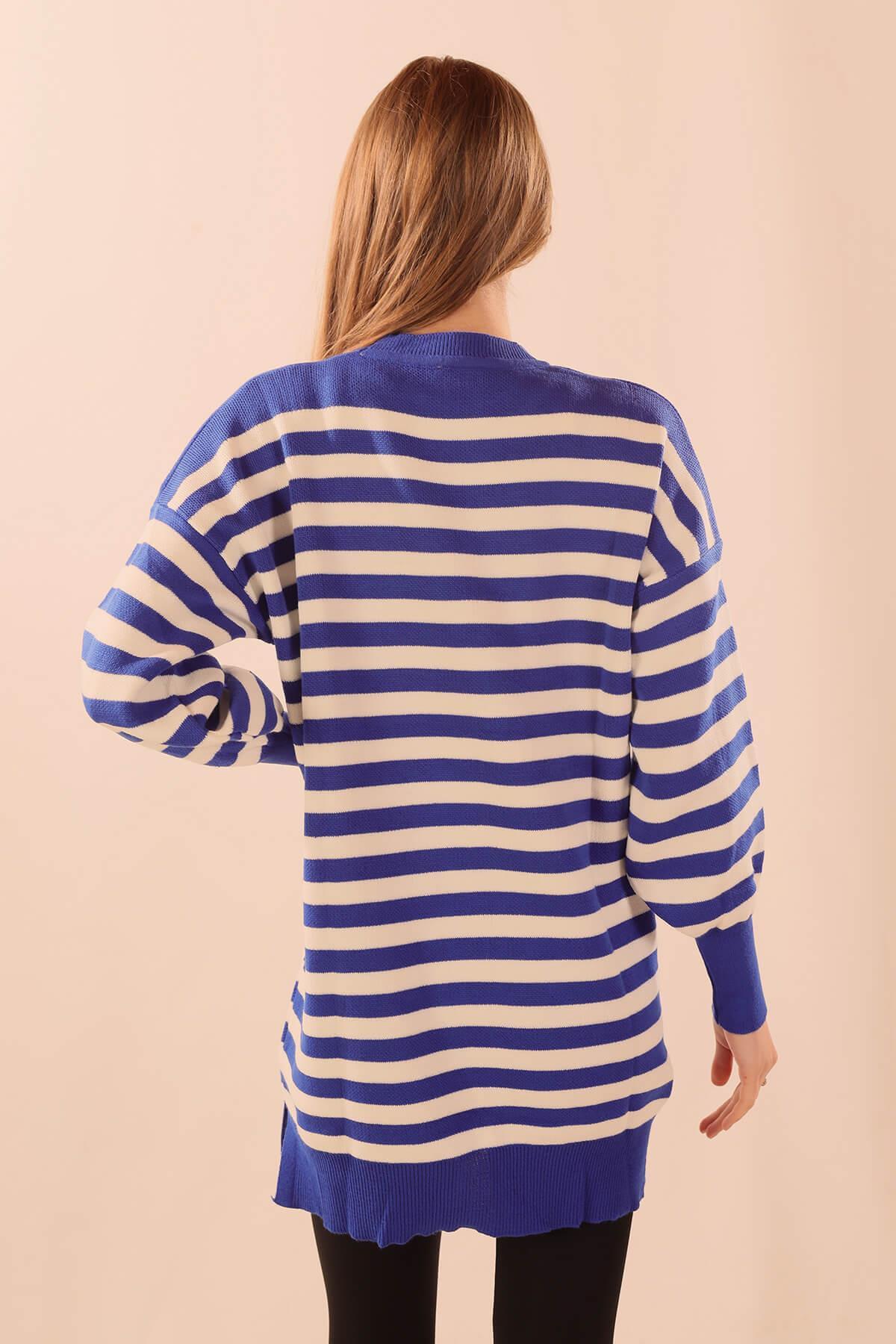 075 Bisiklet Yaka Yırtmaç Detay Tunik Saks - 4