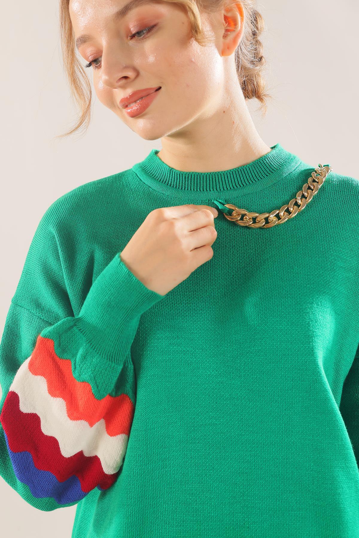 090 Kolye Detay Kol Renkli Tunik Benetton Yeşili - 4