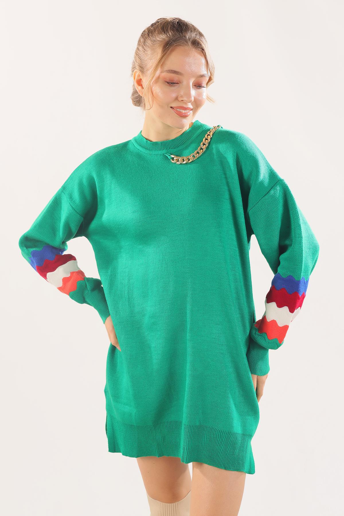 Benetton Yeşili Kolye Detay Kol Renkli Kazak 090 - 1