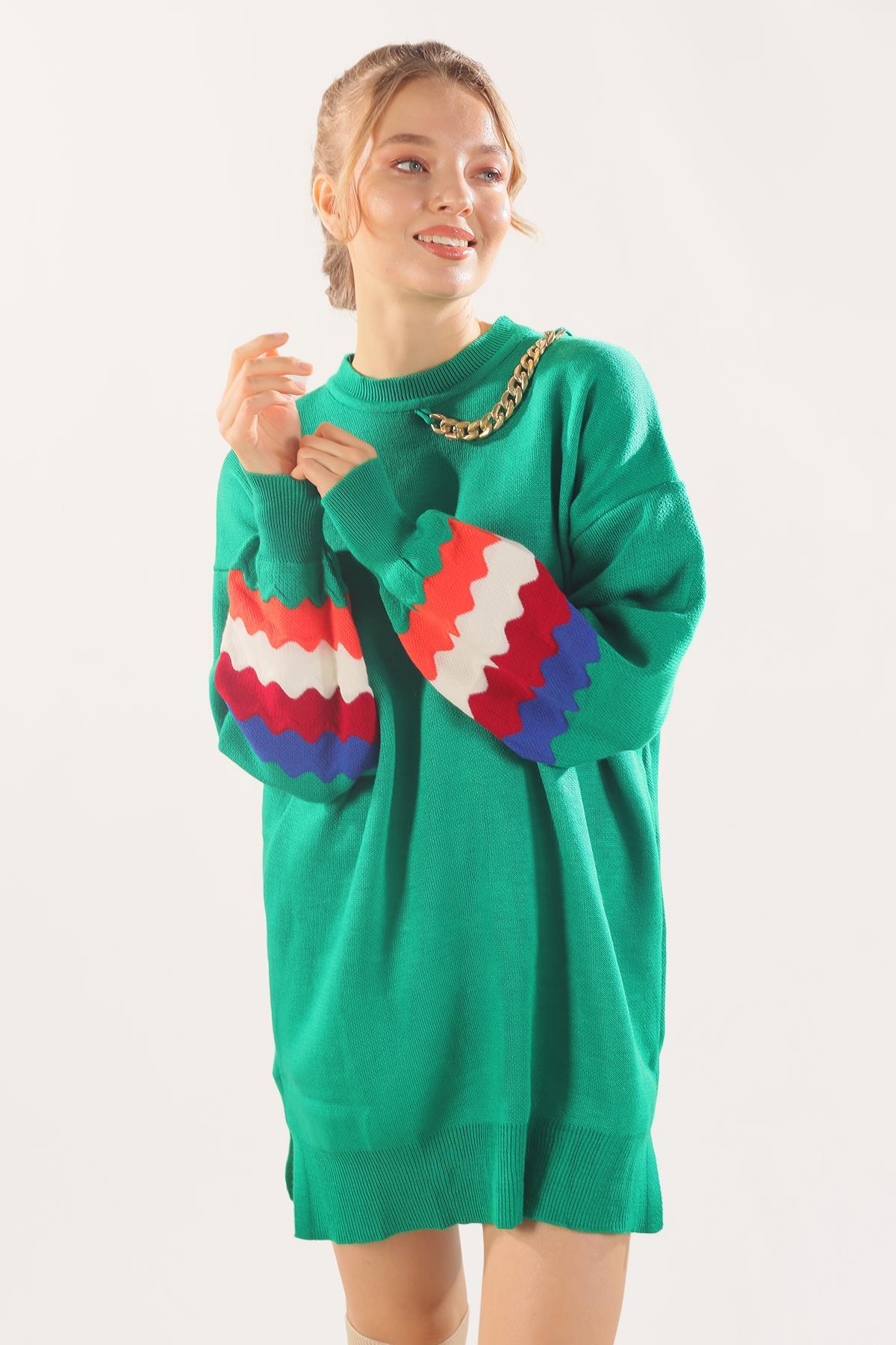 Benetton Yeşili Kolye Detay Kol Renkli Kazak 090 - 3