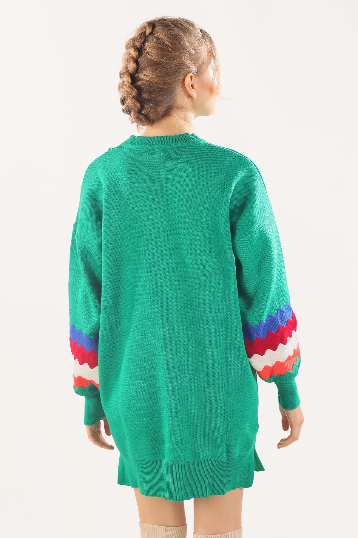 Benetton Yeşili Kolye Detay Kol Renkli Kazak 090 - 5