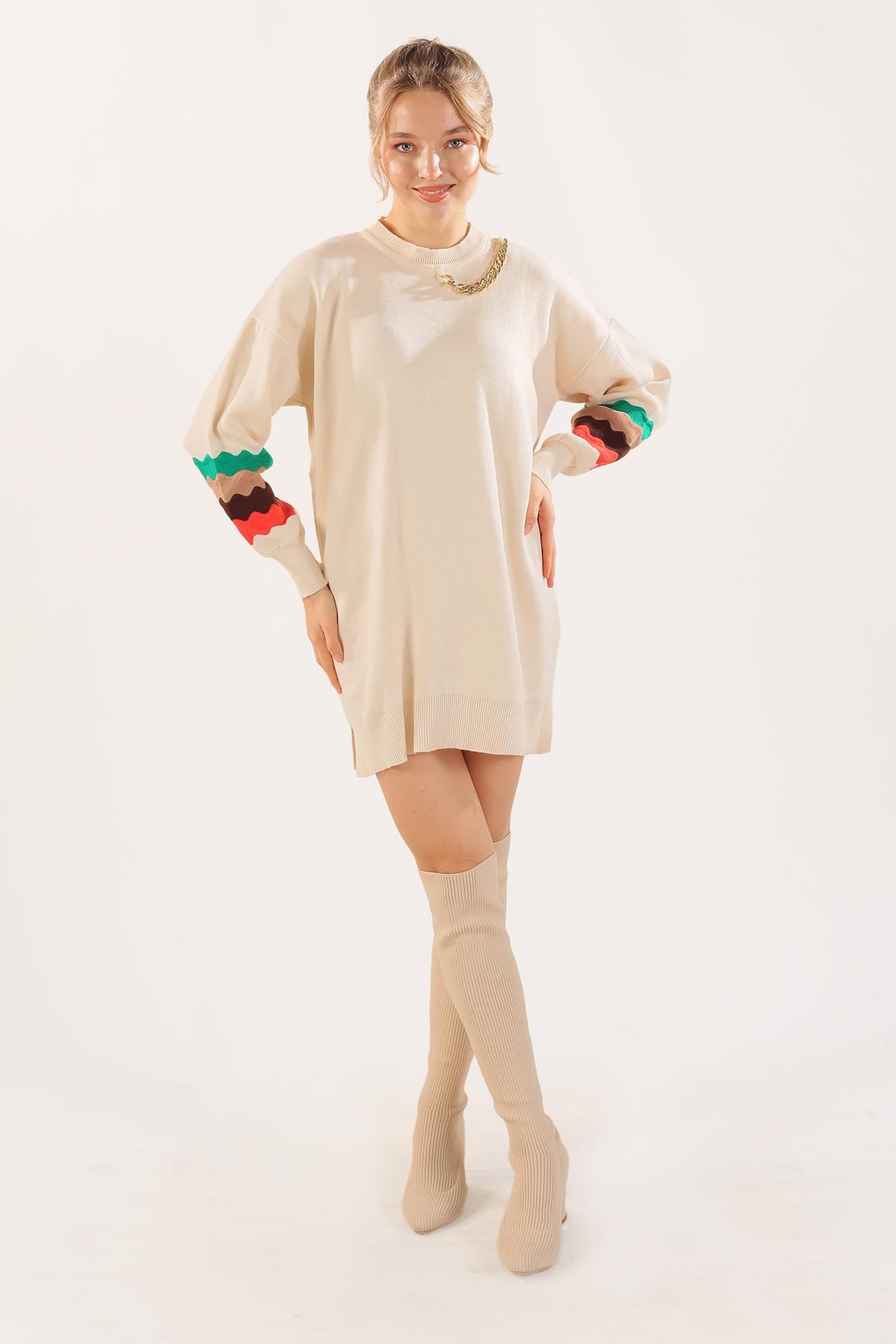 Krem Kolye Detay Kol Renkli Kazak 090 - 2