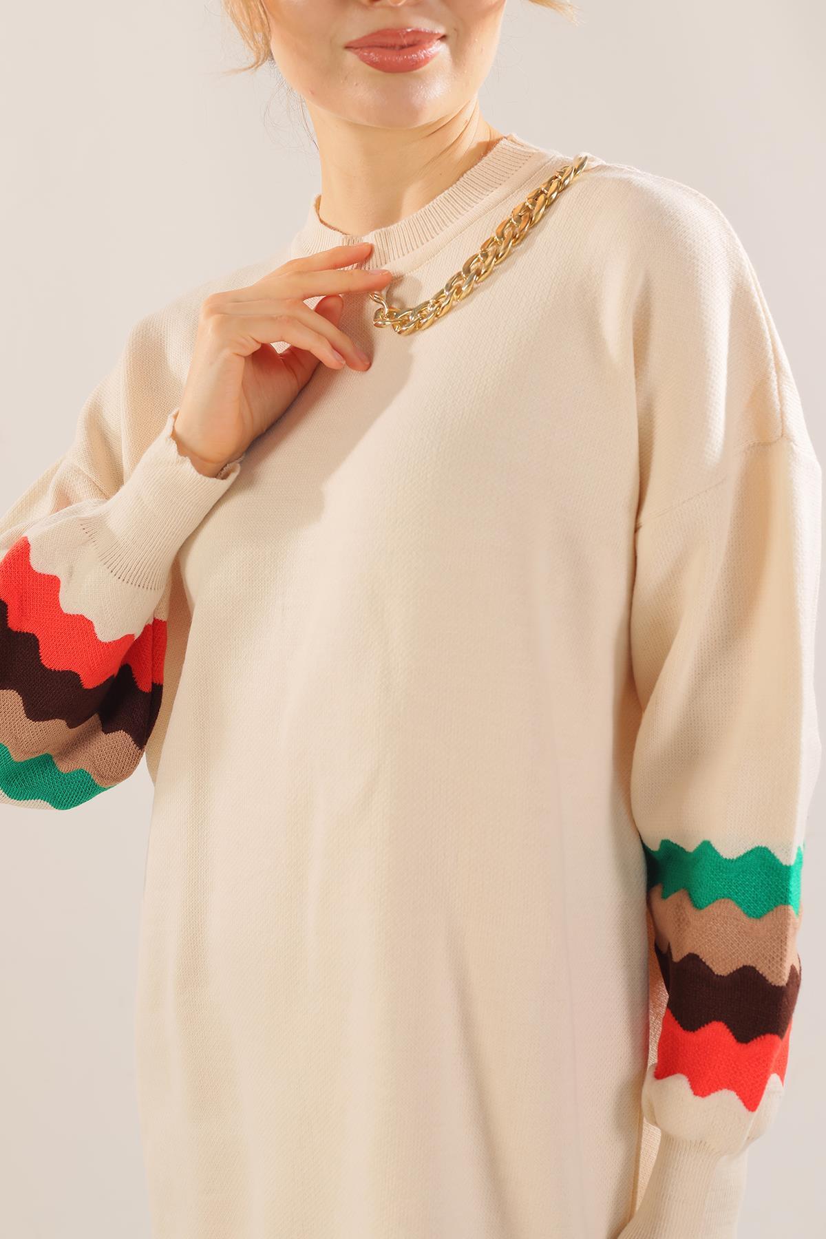 Krem Kolye Detay Kol Renkli Kazak 090 - 3