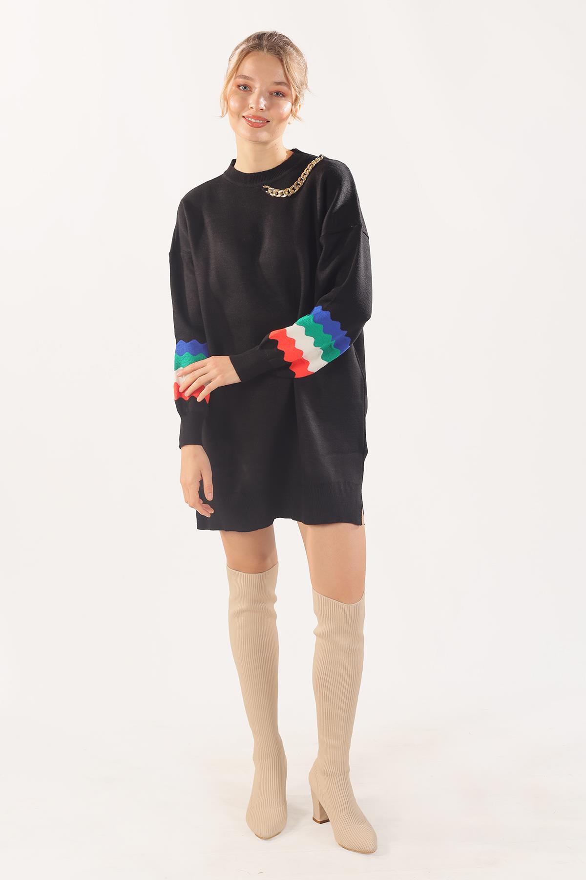 090 Kolye Detay Kol Renkli Tunik Siyah - 2