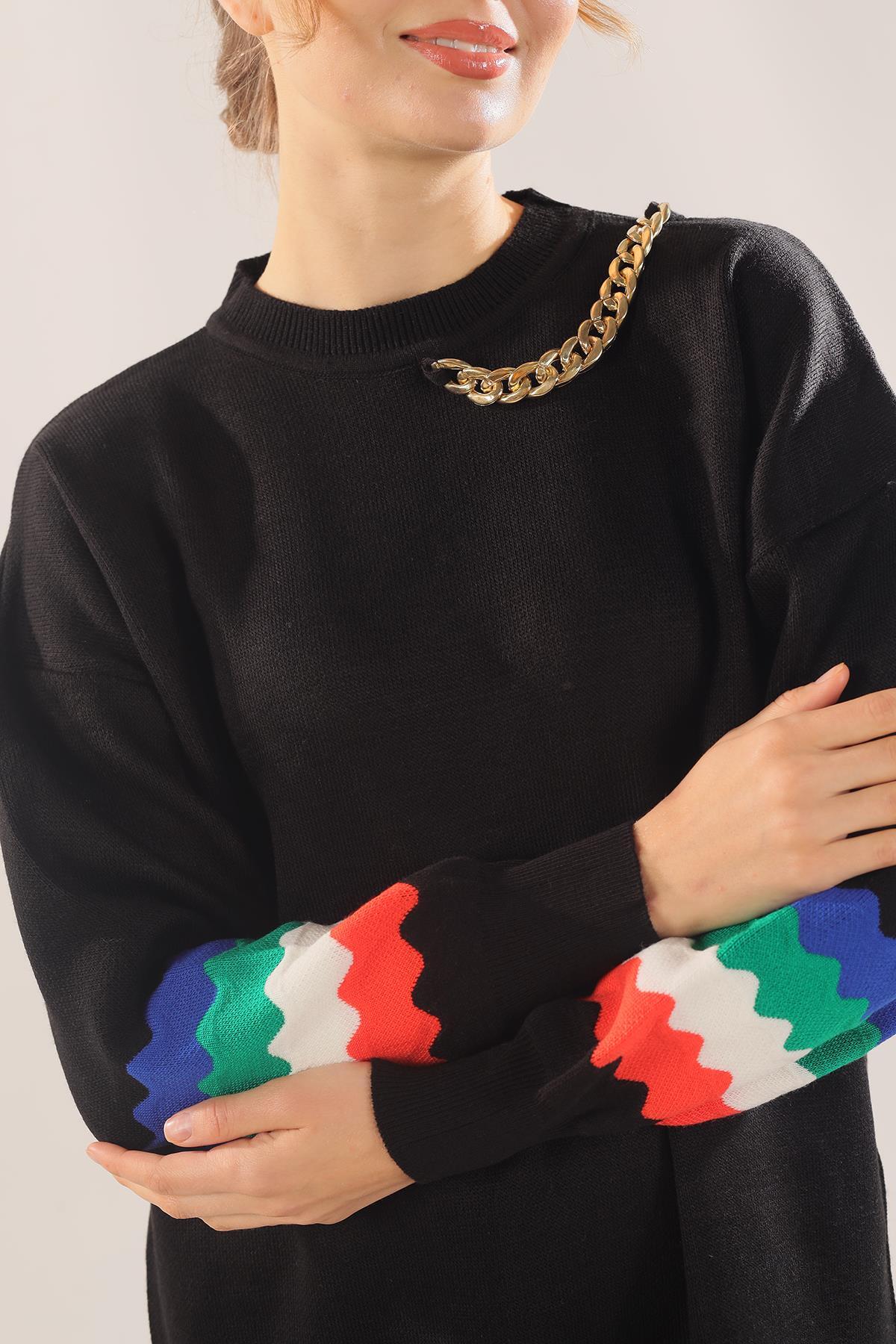 Siyah Kolye Detay Kol Renkli Kazak 090 