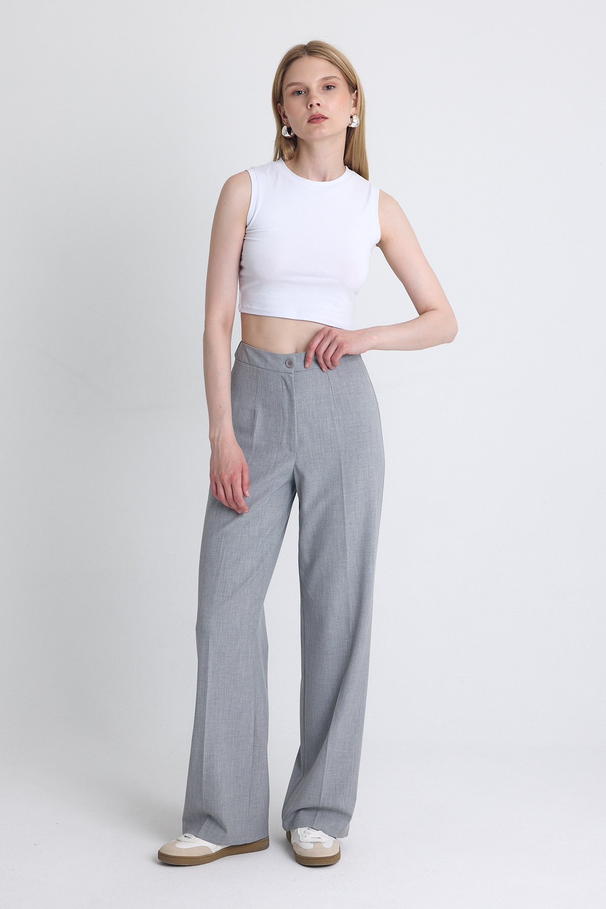 Açık Gri Yüksek Bel Palazzo Pantolon 1001 