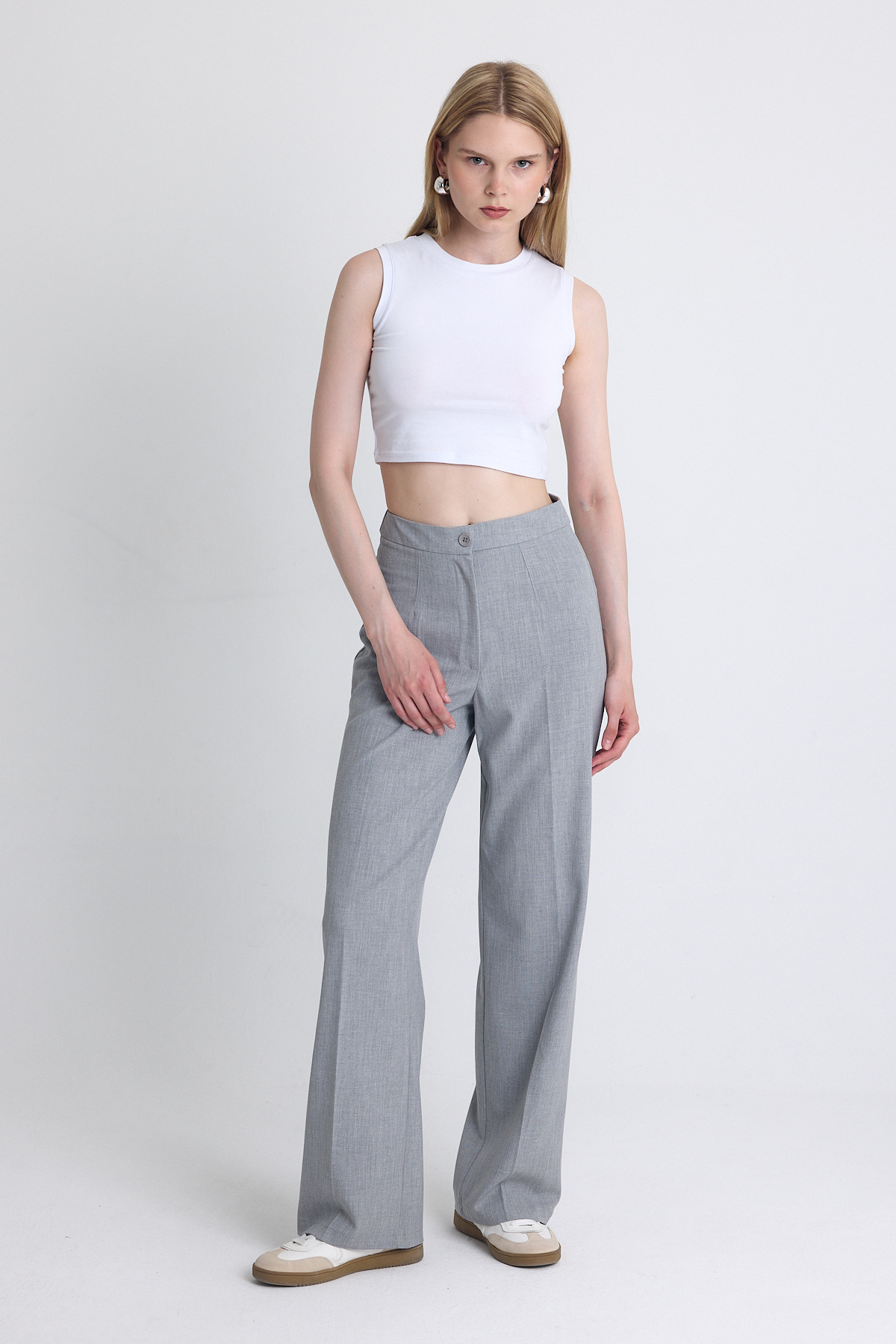 Açık Gri Yüksek Bel Palazzo Pantolon 1001 - 5