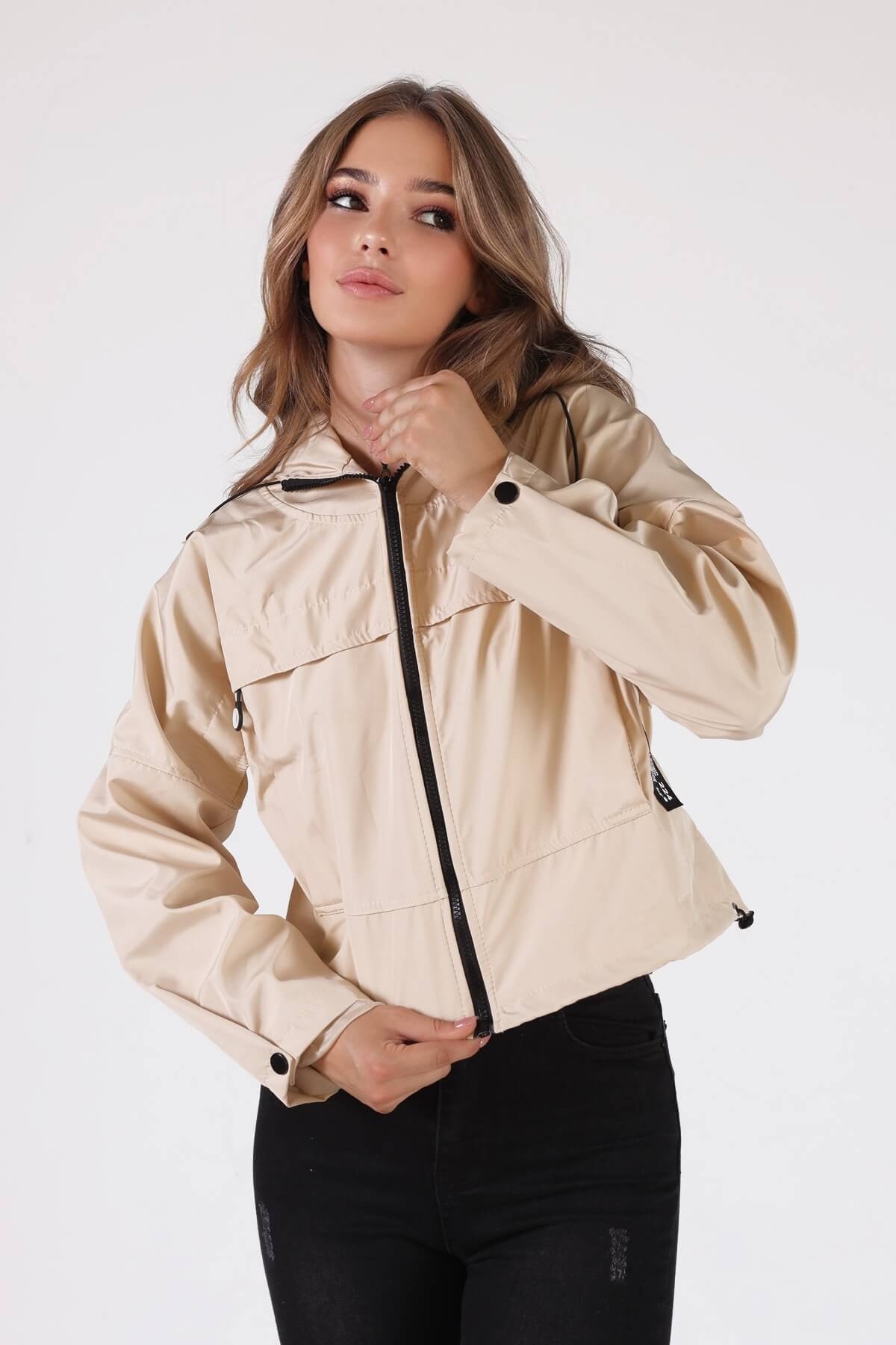 Bej Kapüşonlu Cep Detay Ceket 10012 - 5