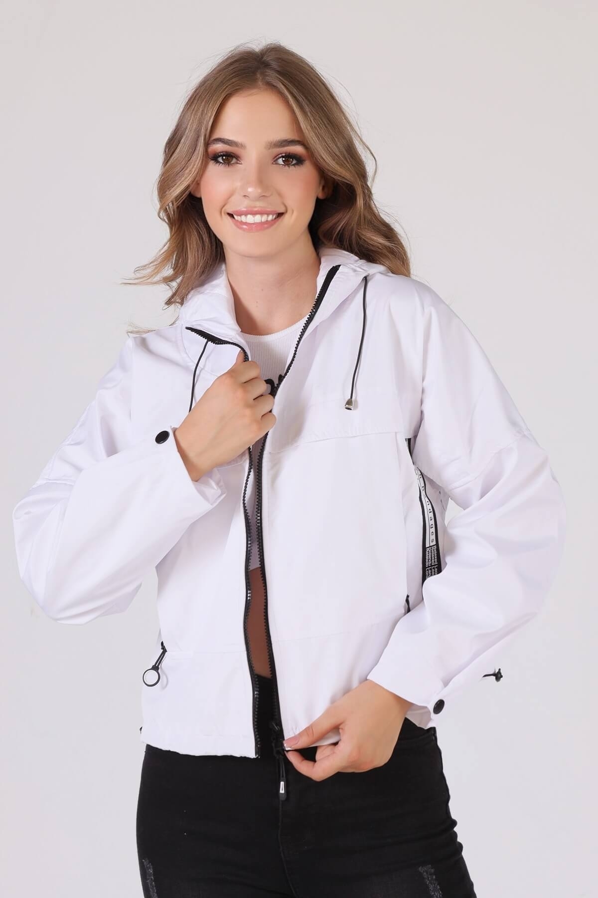 10012 Kapüşonlu Cep Detay Ceket Beyaz 