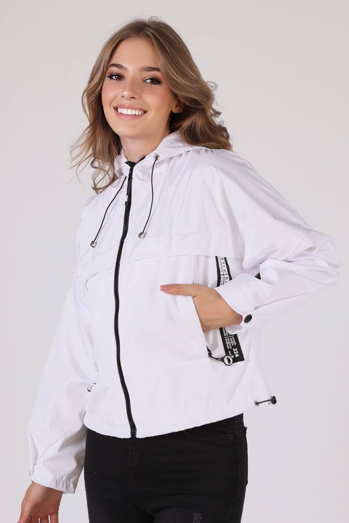 10012 Kapüşonlu Cep Detay Ceket Beyaz - 3