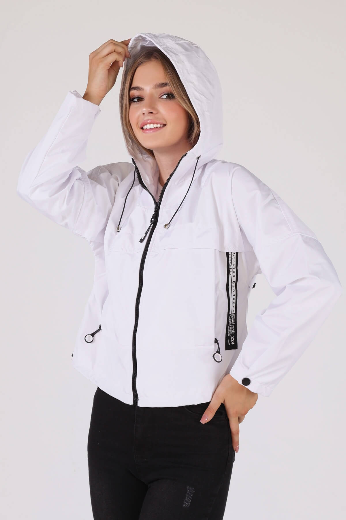 Beyaz Kapüşonlu Cep Detay Ceket 10012 - 2