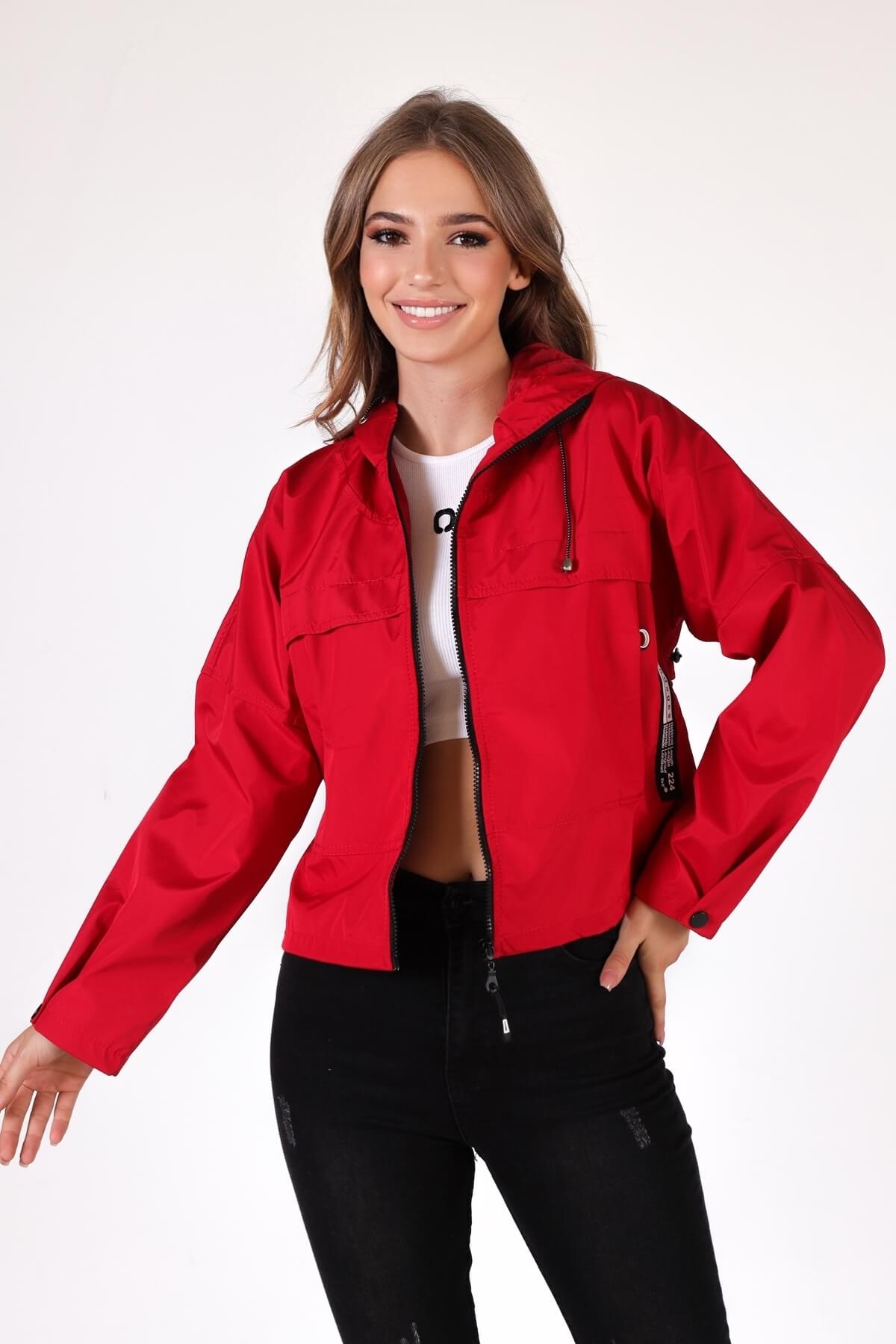 10012 Kapüşonlu Cep Detay Ceket Kırmızı 