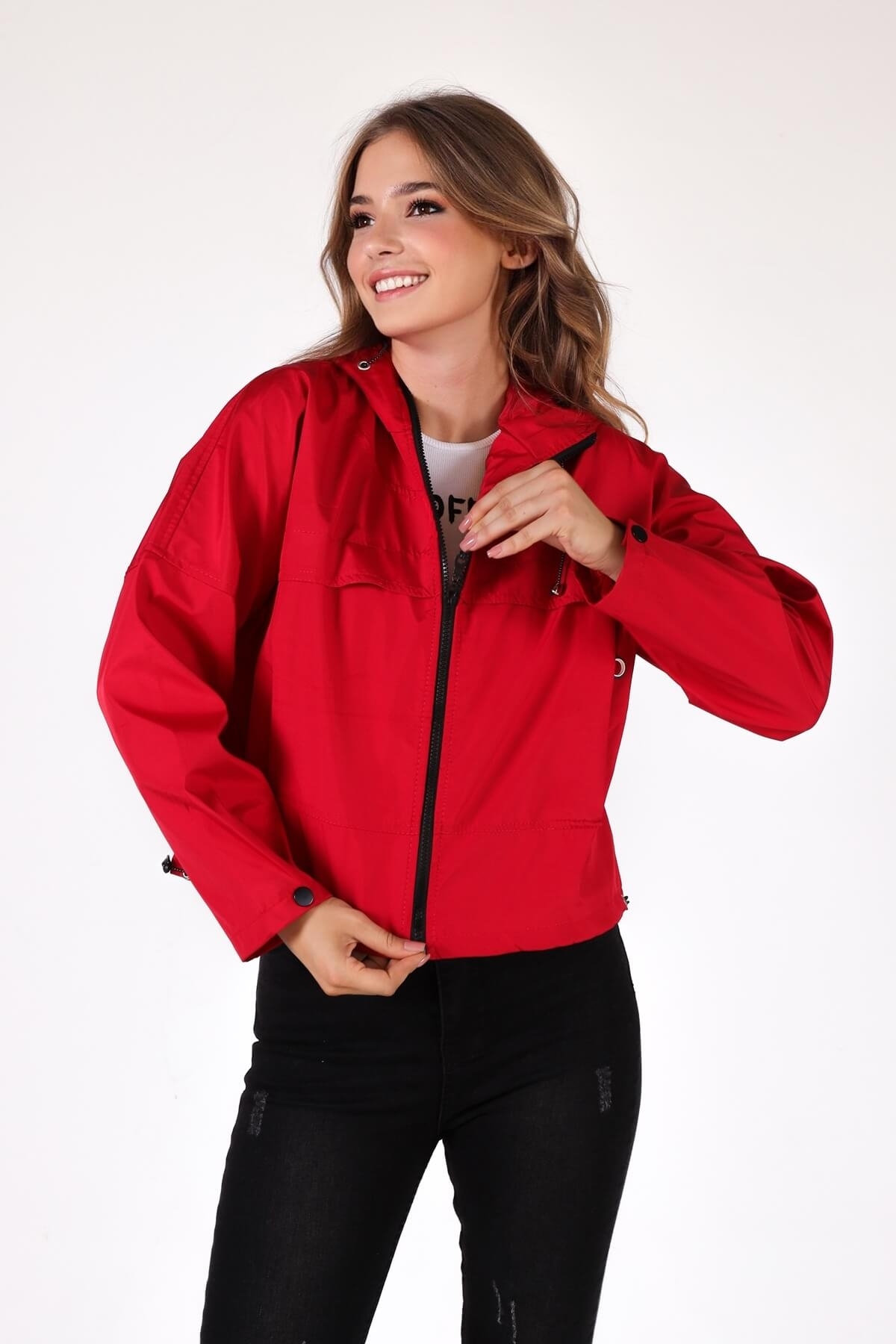 Kırmızı Kapüşonlu Cep Detay Ceket 10012 - 3
