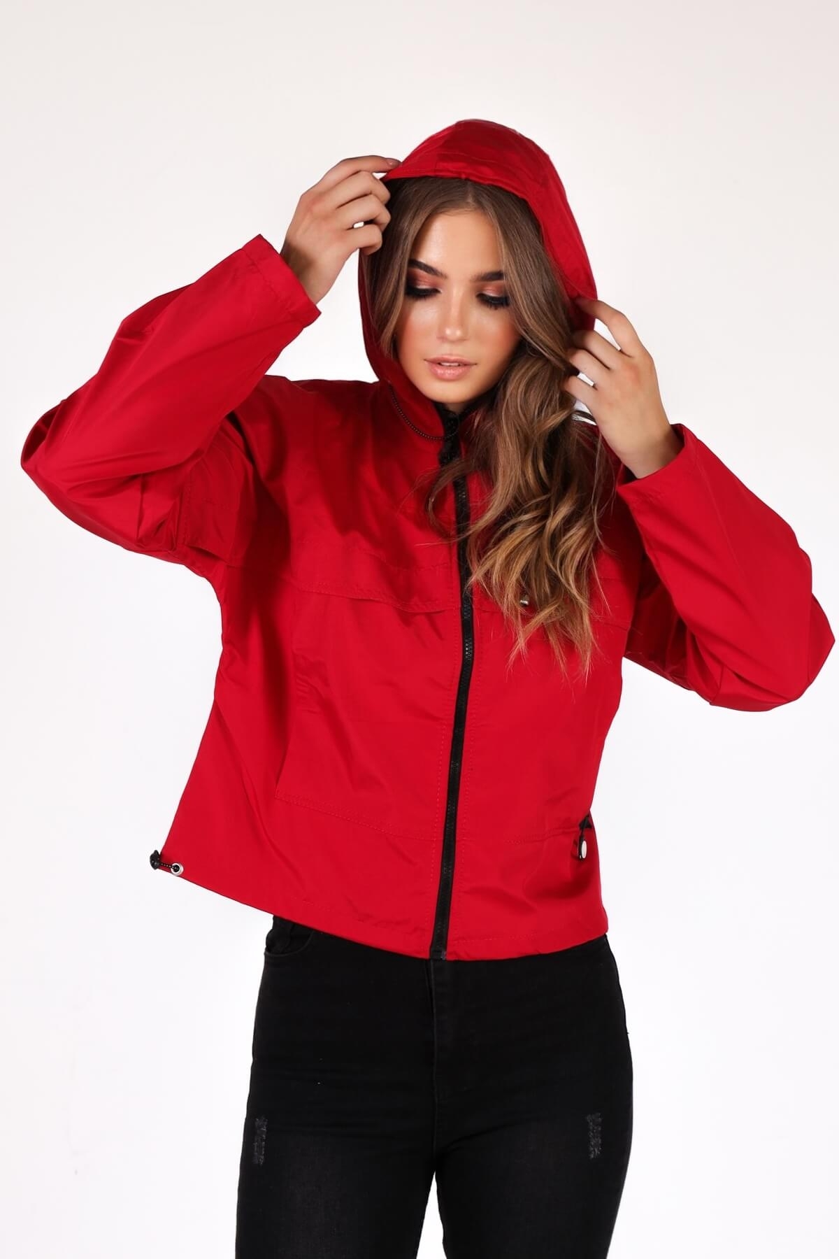 Kırmızı Kapüşonlu Cep Detay Ceket 10012 - 4