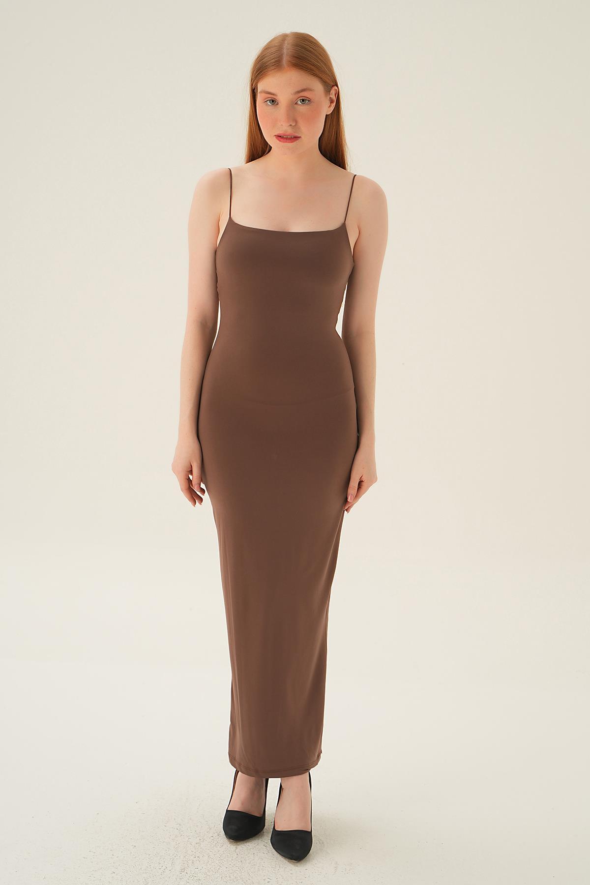 1002 Askılı Kare Yaka Elbise Acı Kahve - 6