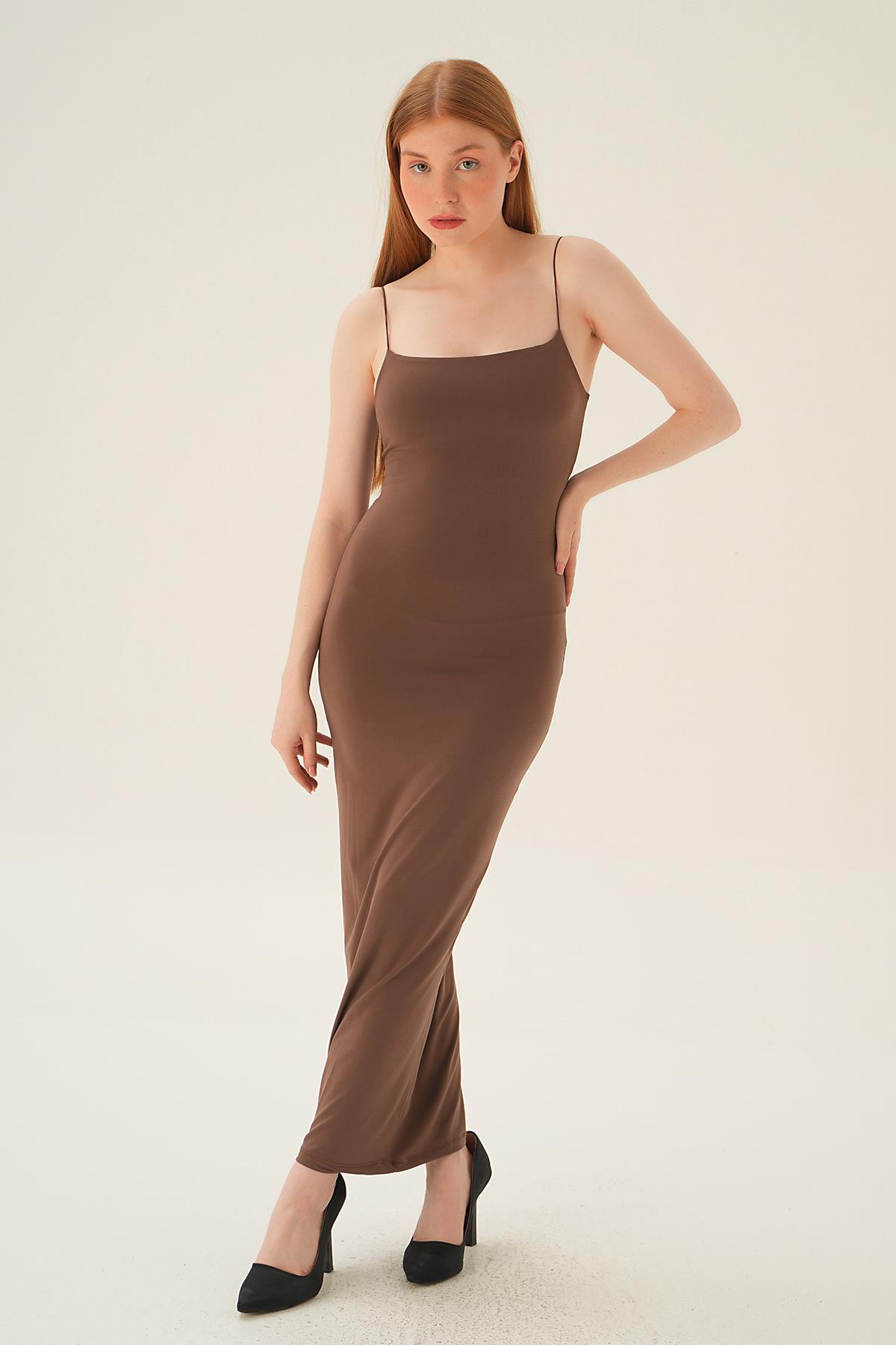 Acı Kahve Askılı Kare Yaka Elbise 1002 - 1