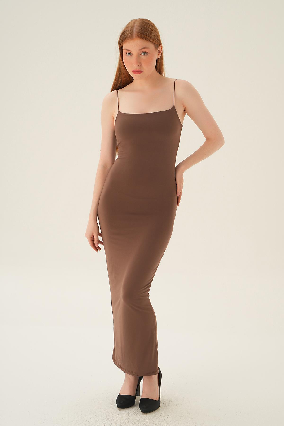 Acı Kahve Askılı Kare Yaka Elbise 1002 - 2