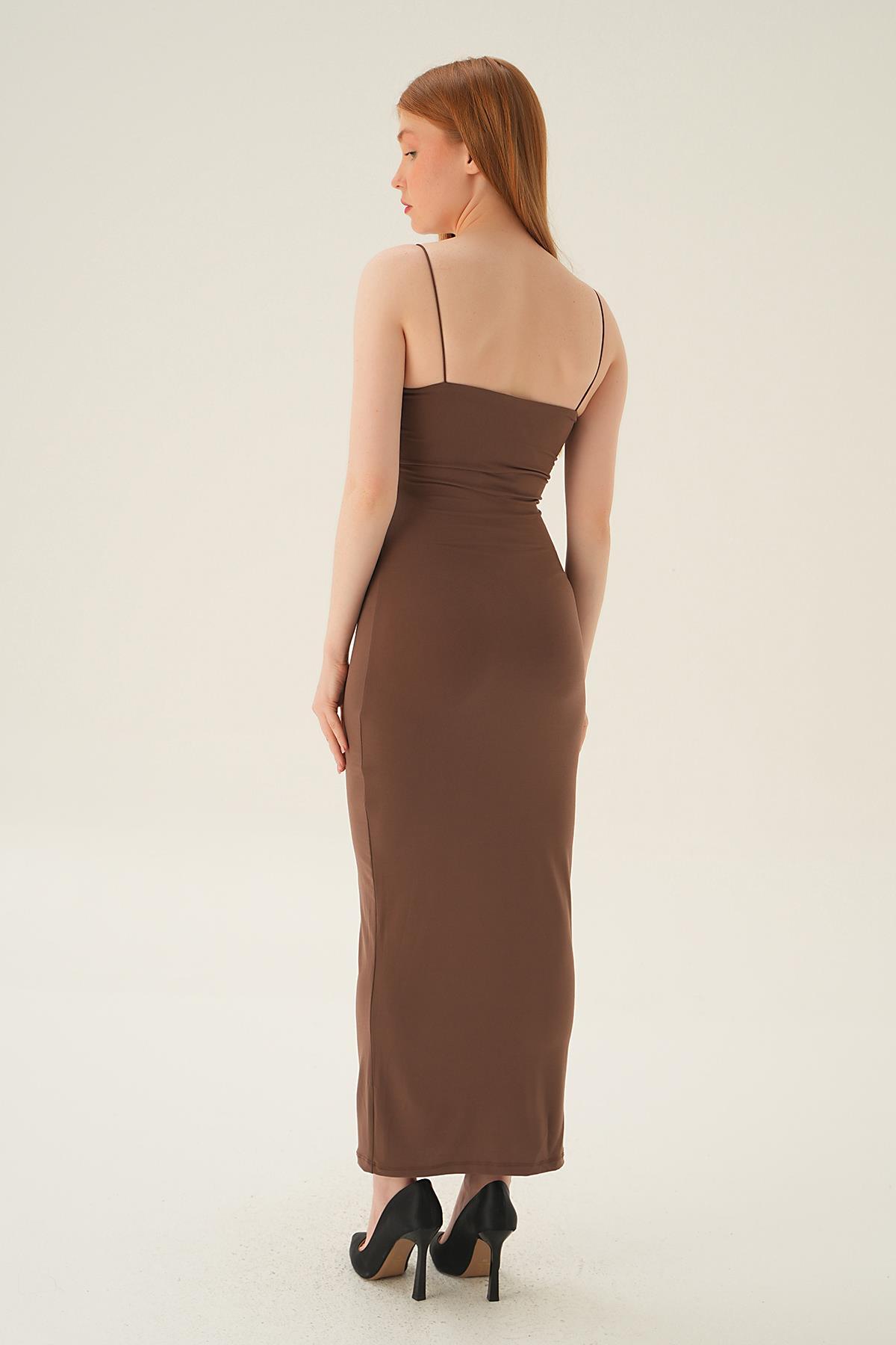 Acı Kahve Askılı Kare Yaka Elbise 1002 - 4