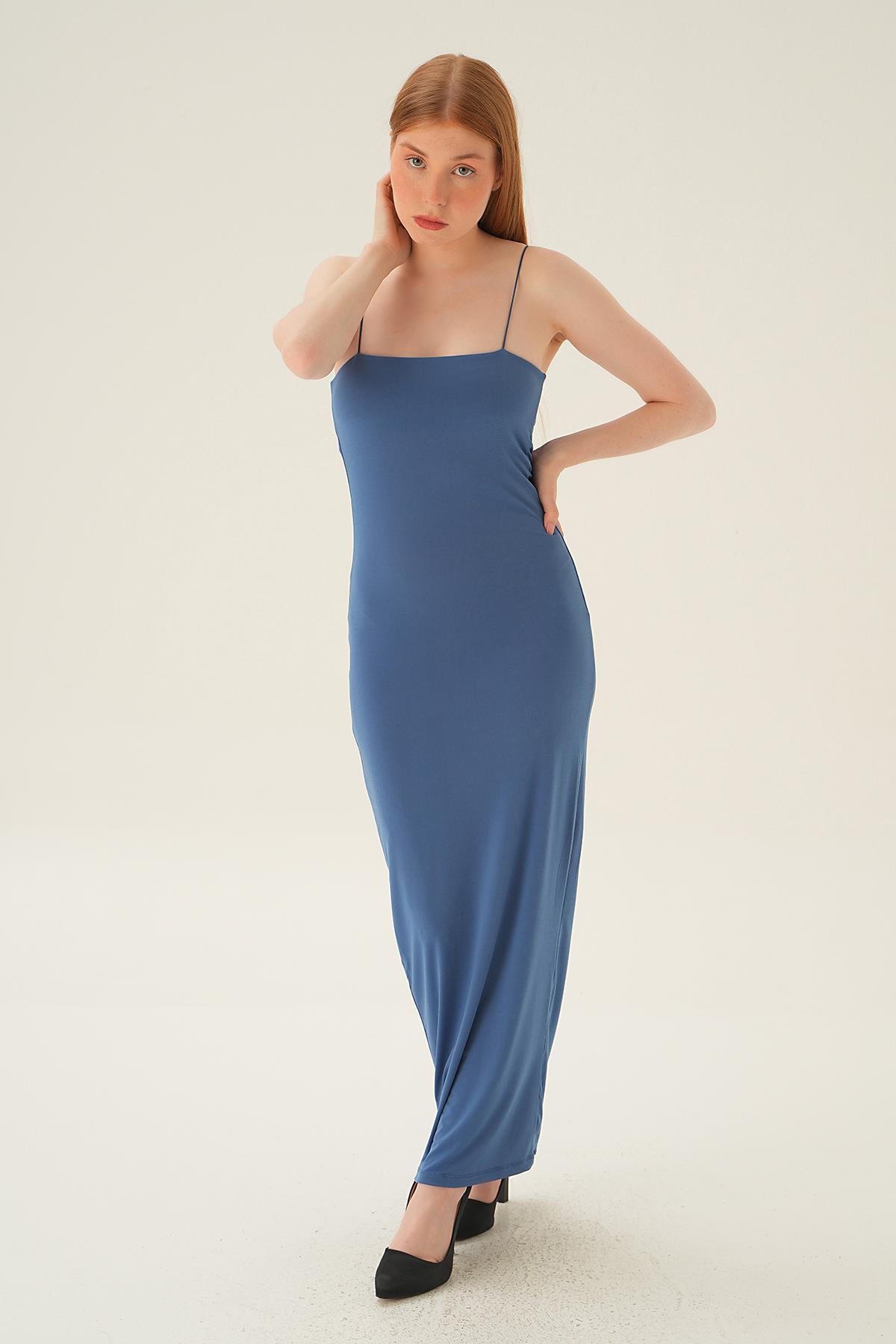 1002 Askılı Kare Yaka Elbise İndigo - 3