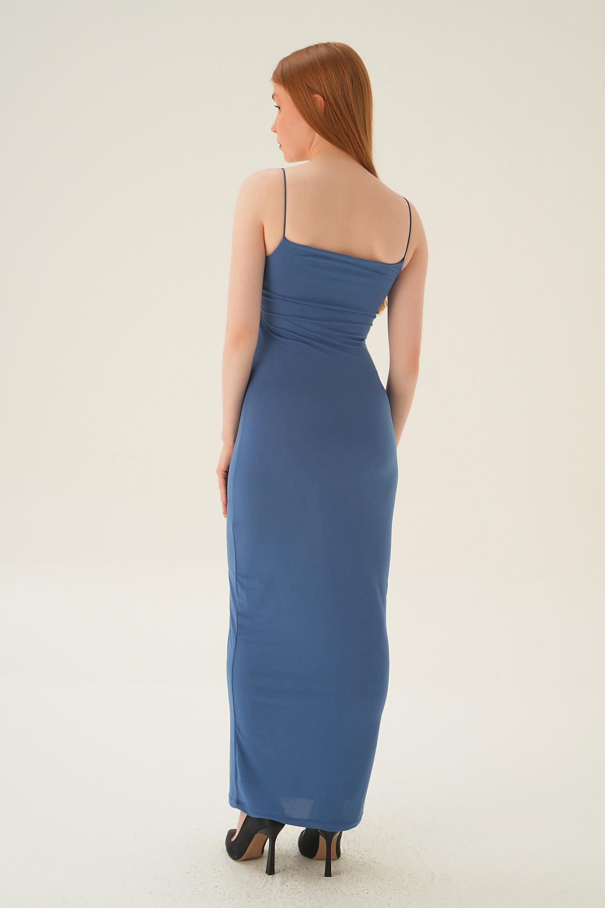 1002 Askılı Kare Yaka Elbise İndigo - 4