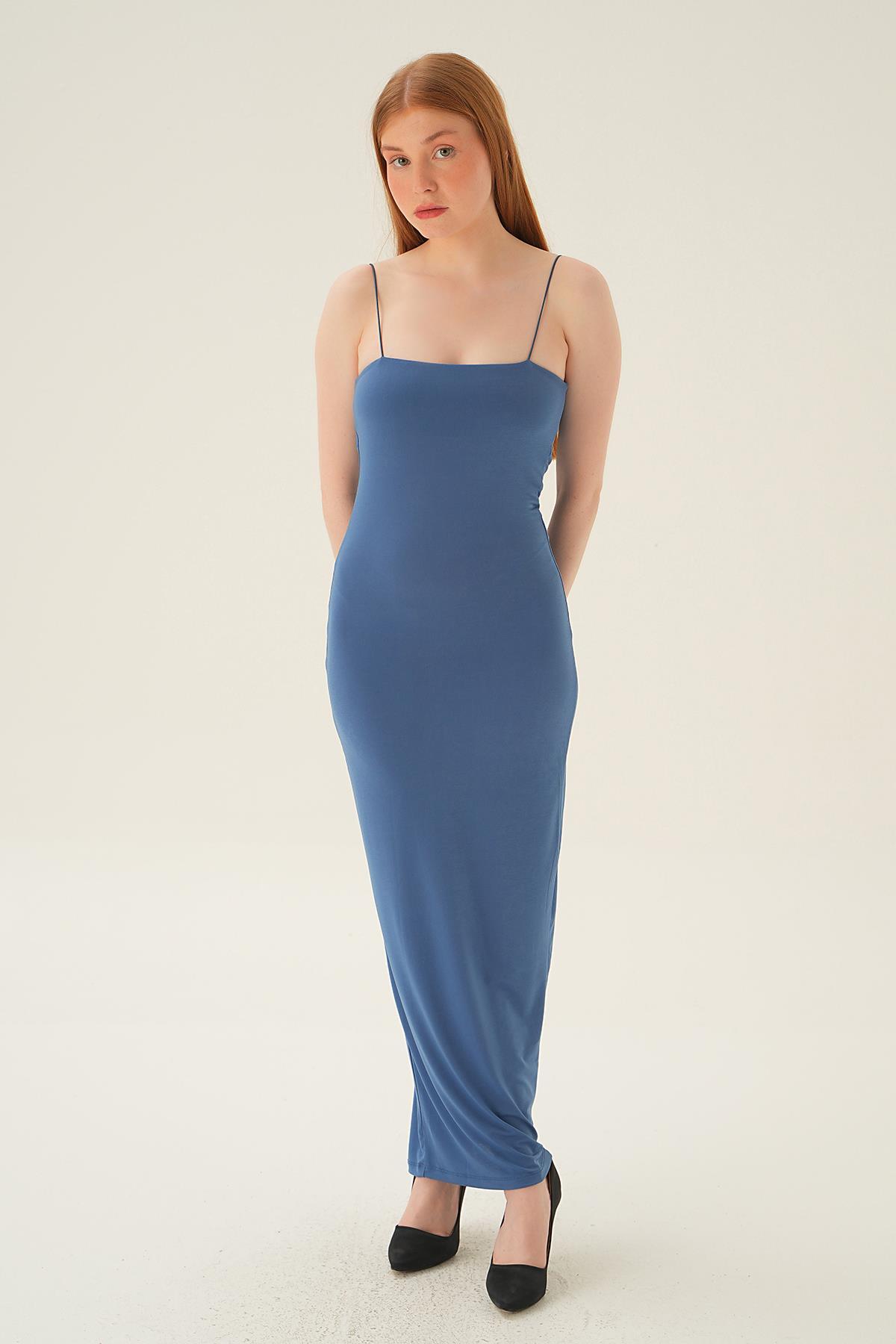 1002 Askılı Kare Yaka Elbise İndigo - 6