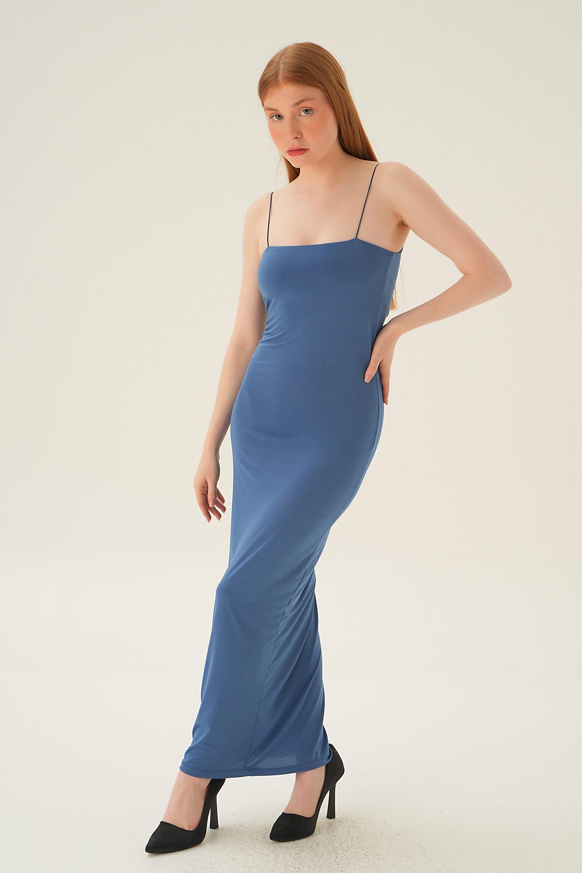 İndigo Askılı Kare Yaka Elbise 1002 