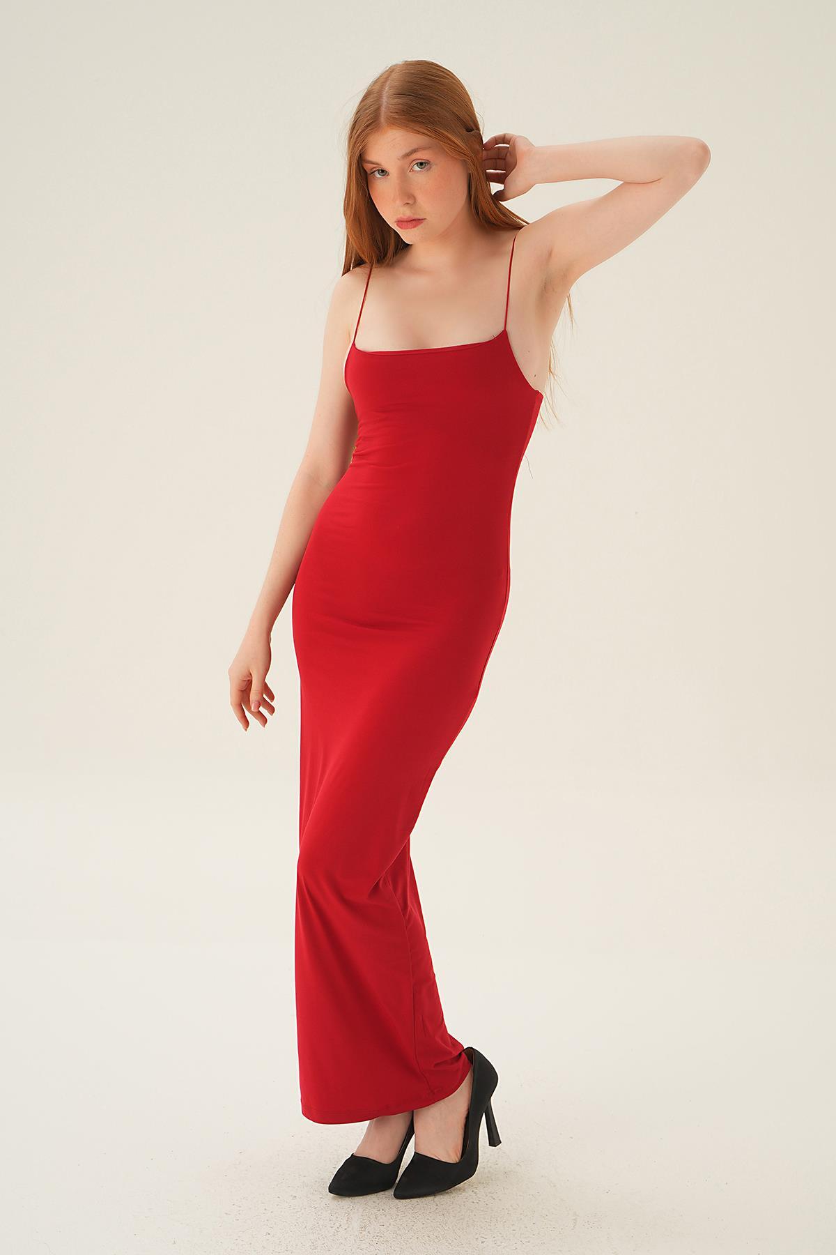 1002 Askılı Kare Yaka Elbise Kırmızı - 2